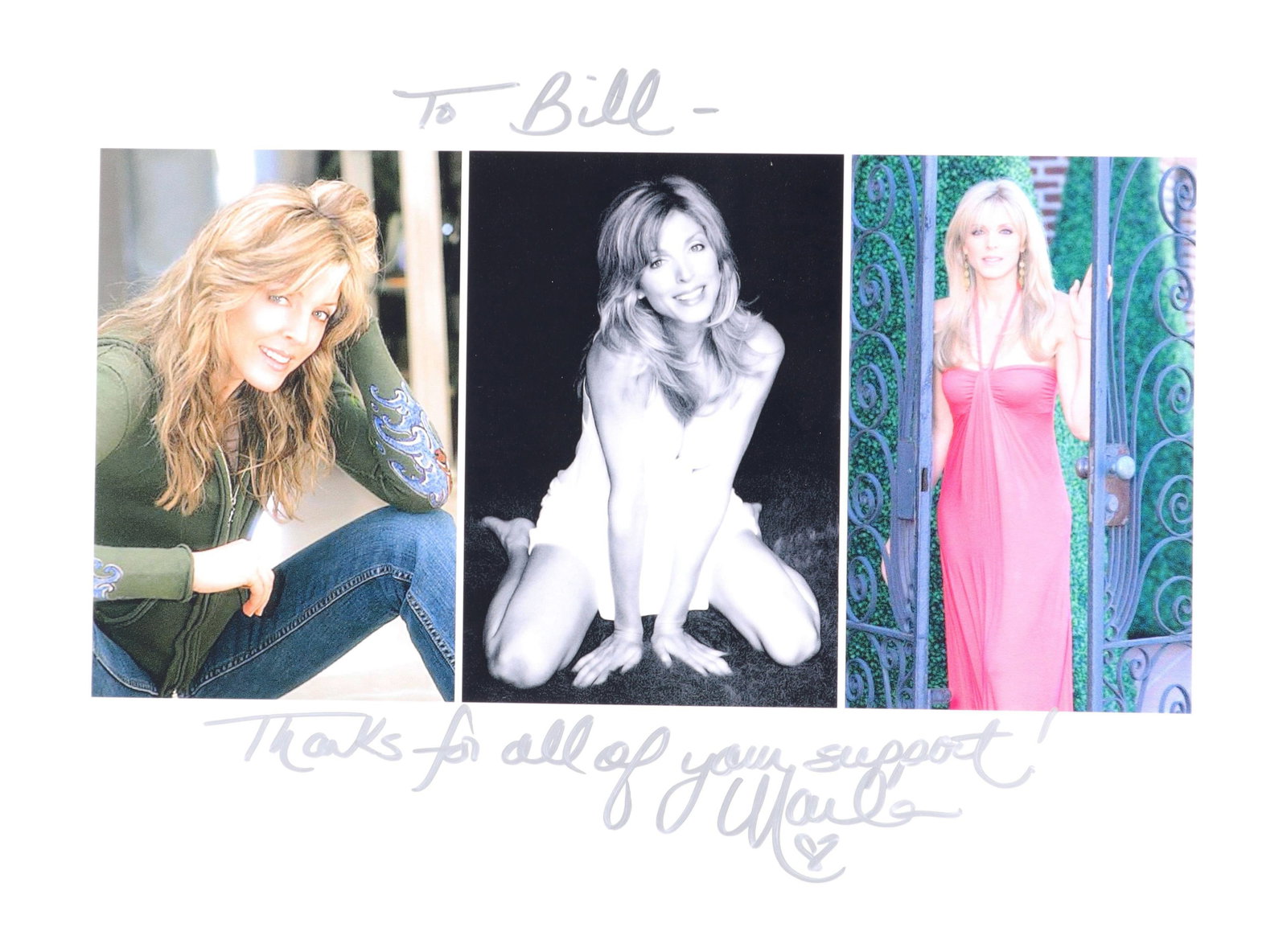 Marla Maples Three Photo Composite Signed and Inscribed 'To Bill Thanks for All of Your Support!': Marla Maples, signed and inscribed this three composite in silver ink: "To Bill, / Thanks for all of your support! / [Marla] heart. " The composite presents three professional from her modeling career