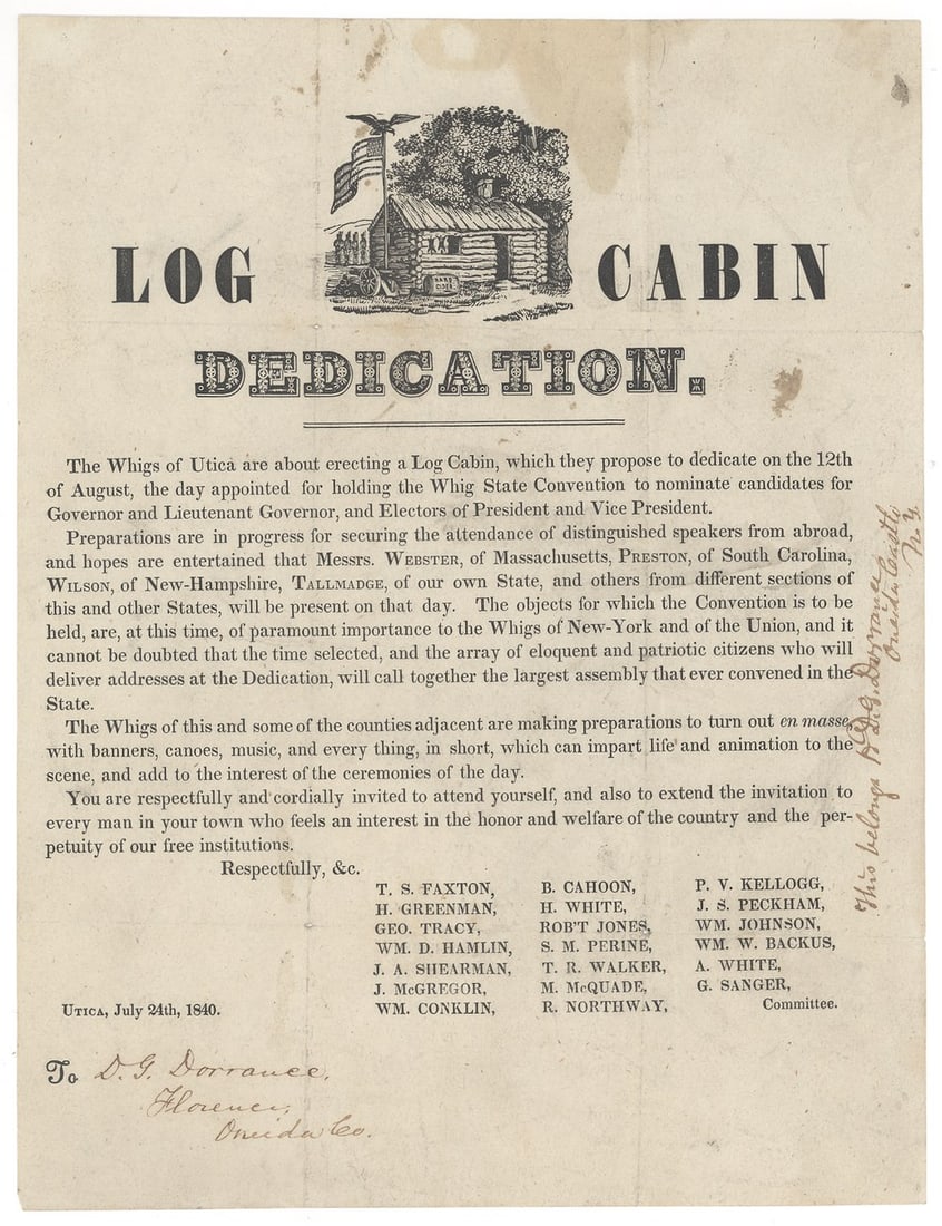 Whig Party Log Cabin Dedication Broadside, Utica, New York, July 24, 1840 Harrison Campaign Ephemera (1 of 1)