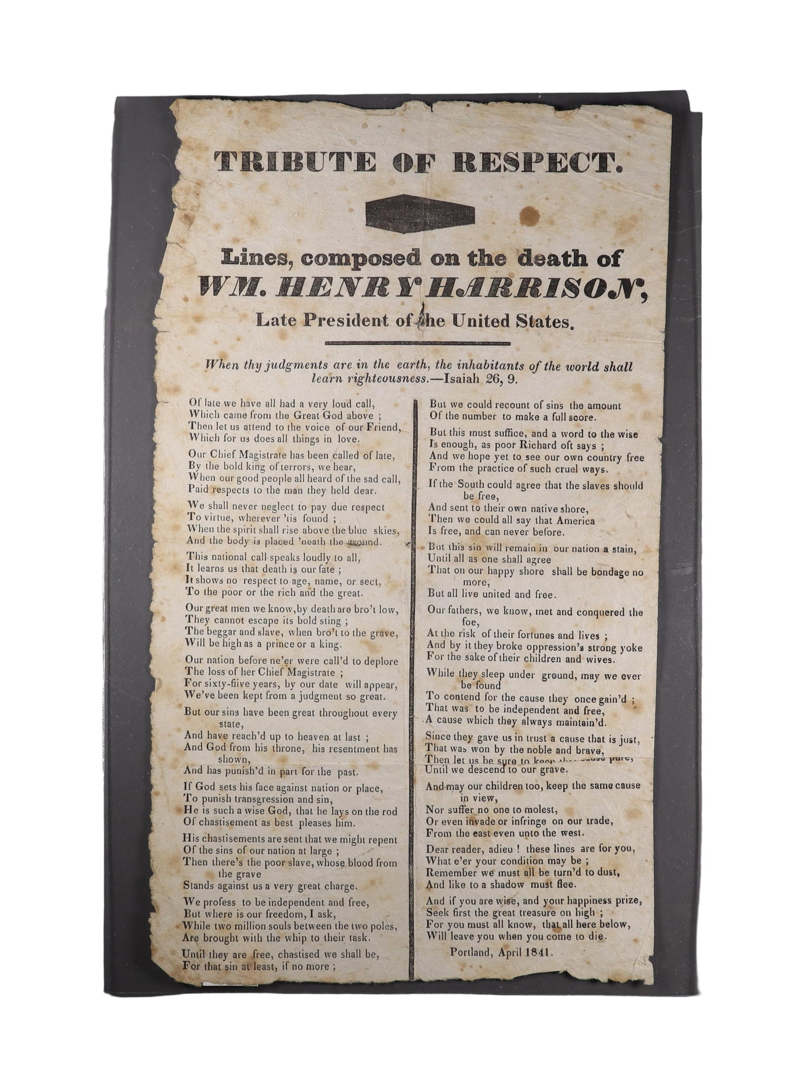 TWO WILLIAM HENRY HARRISON DEATH POEM BROADSIDES "Tribute of Respect" (Portland (1 of 2)