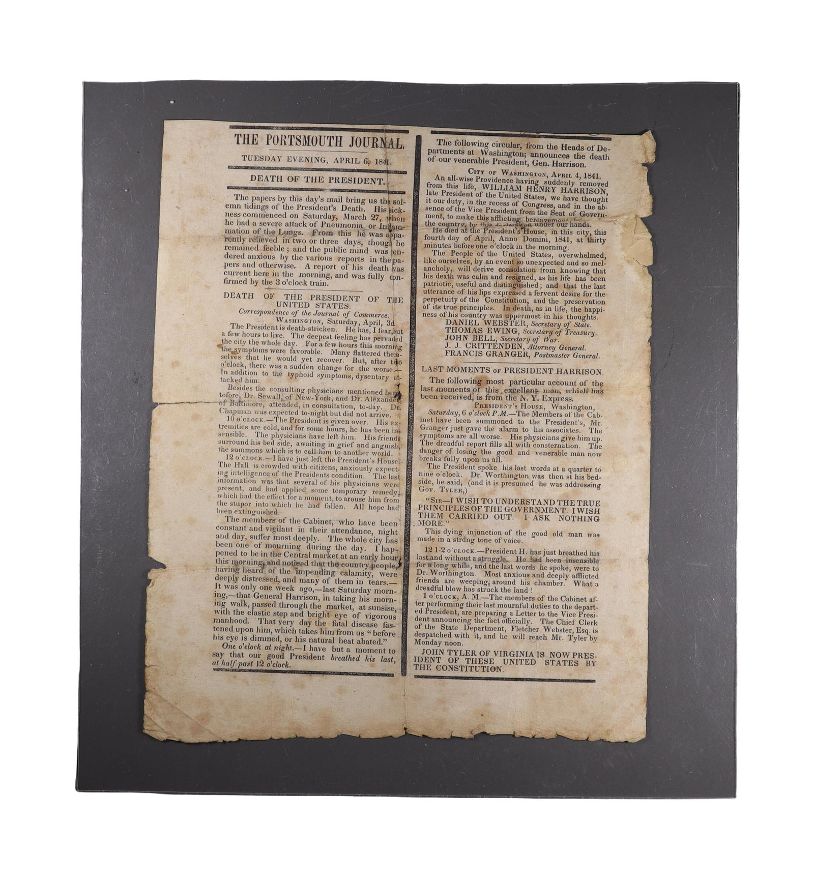 THE PORTSMOUTH JOURNAL, APRIL 6, 1841 "DEATH OF THE PRESIDENT": Harrison's Final Hours (1 of 1)