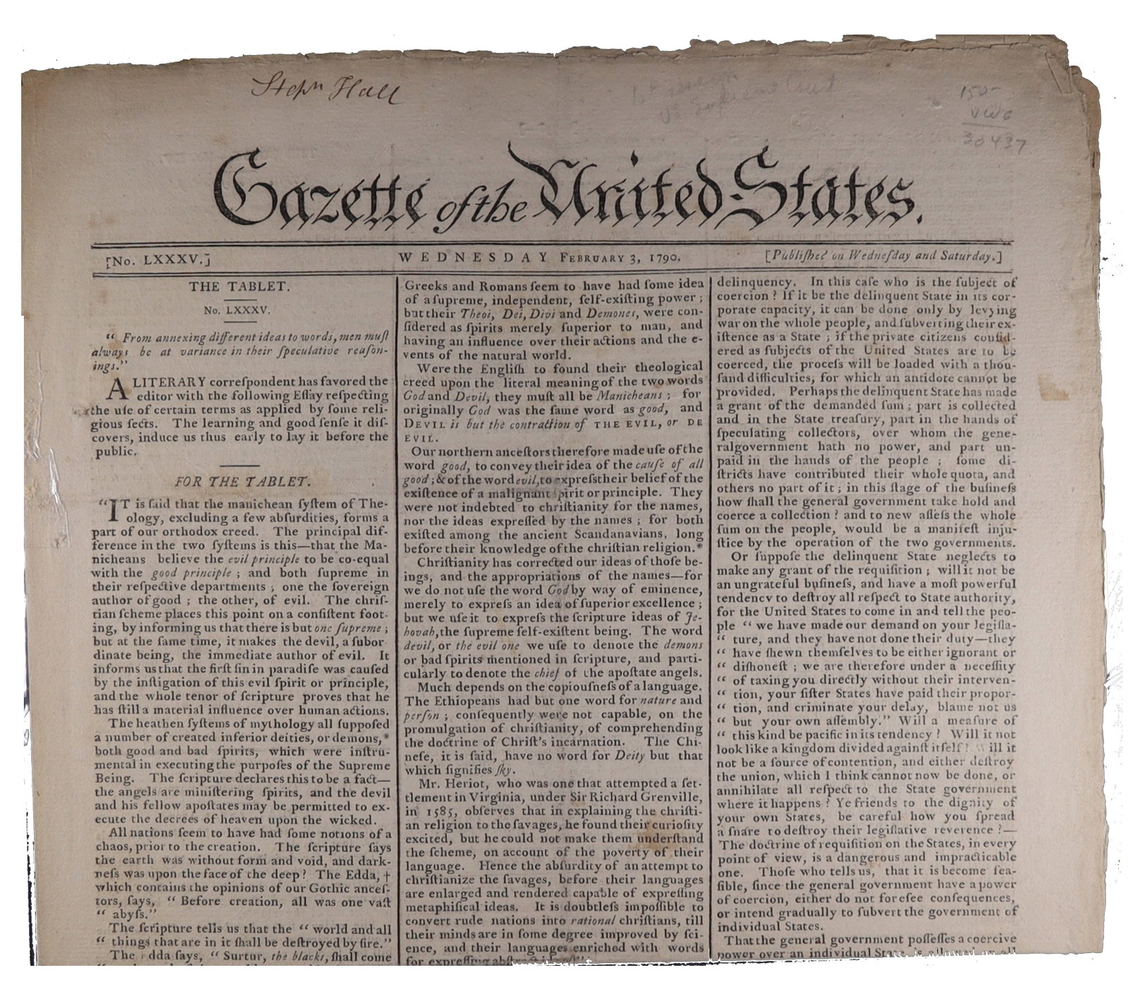 GAZETTE OF THE UNITED STATES, NO. LXXXV, WEDNESDAY, FEBRUARY 3, 1790 THE FEDERALIST PARTY ORGAN (1 of 2)