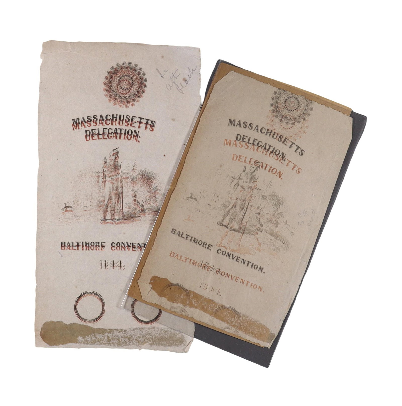 MASSACHUSETTS DELEGATION BALTIMORE CONVENTION 1844 Two Delegate Ribbon Passes: Democratic National Convention Two copies of the Massachusetts Delegation admission ribbon/pass for the Baltimore Convention of 1844, the Democratic National Convention at which James K. Polk received