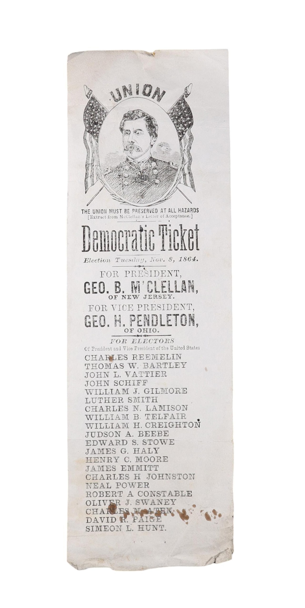 Ohio 1864 Democratic Ballot Ticket, McClellan and Pendleton, Sandusky County (1 of 2)