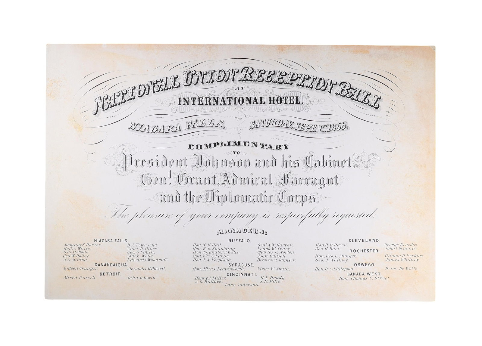 NATIONAL UNION RECEPTION BALL PRESIDENT JOHNSON, GRANT, AND FARRAGUT, NIAGARA FALLS, SEPT. 1, 1866: A large engraved invitation card for the National Union Reception Ball, held at the International Hotel, Niagara Falls, Saturday, September 1, 1866, offered with its original mailing envelope. The inv