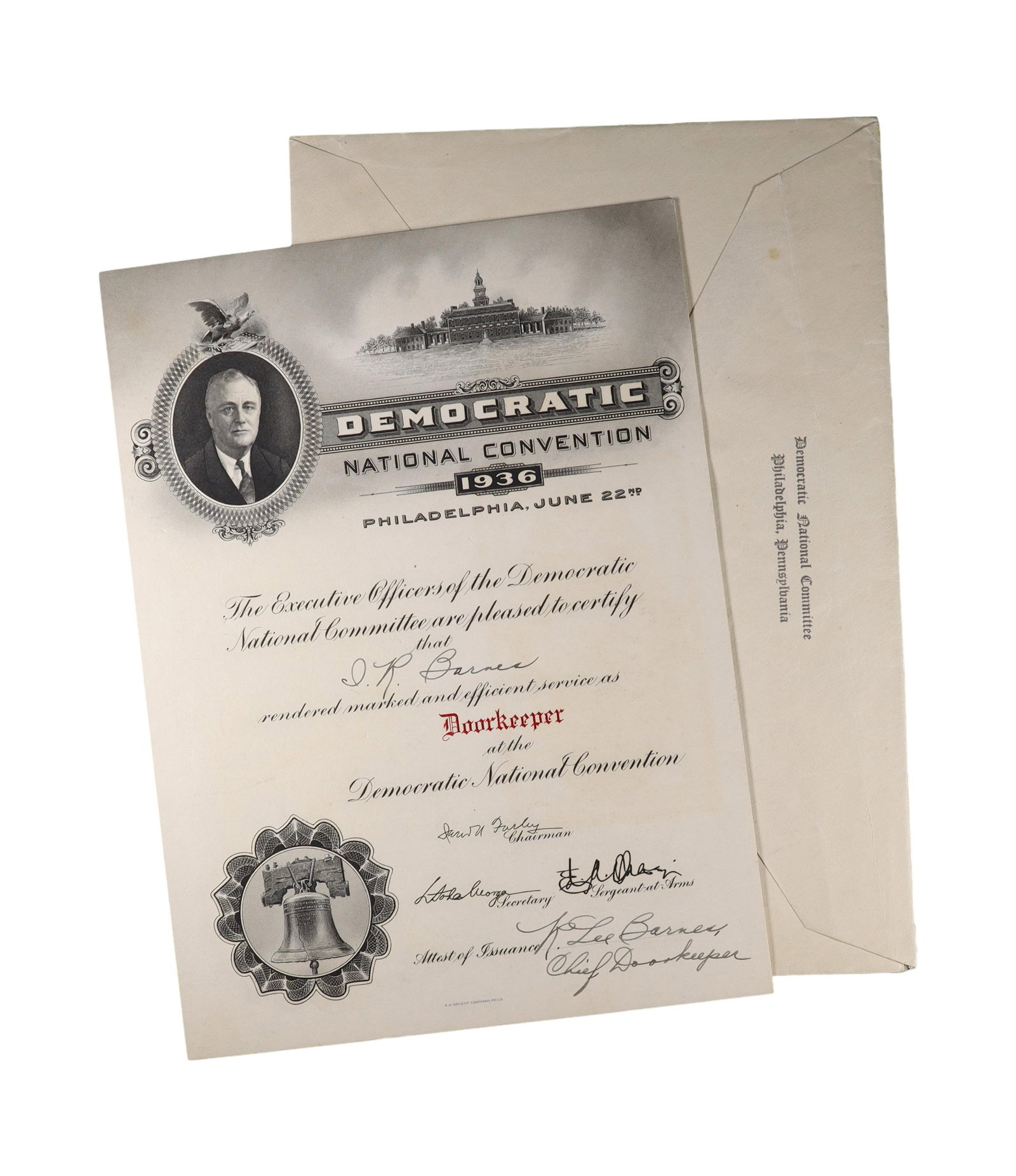 1936 Democratic National Convention Official Service Certificate Signed by James A. Farley: An engraved service certificate issued by the Democratic National Convention, Philadelphia, June 22, 1936, bearing a portrait of Franklin Roosevelt at upper left, with engravings of Independence Hall,