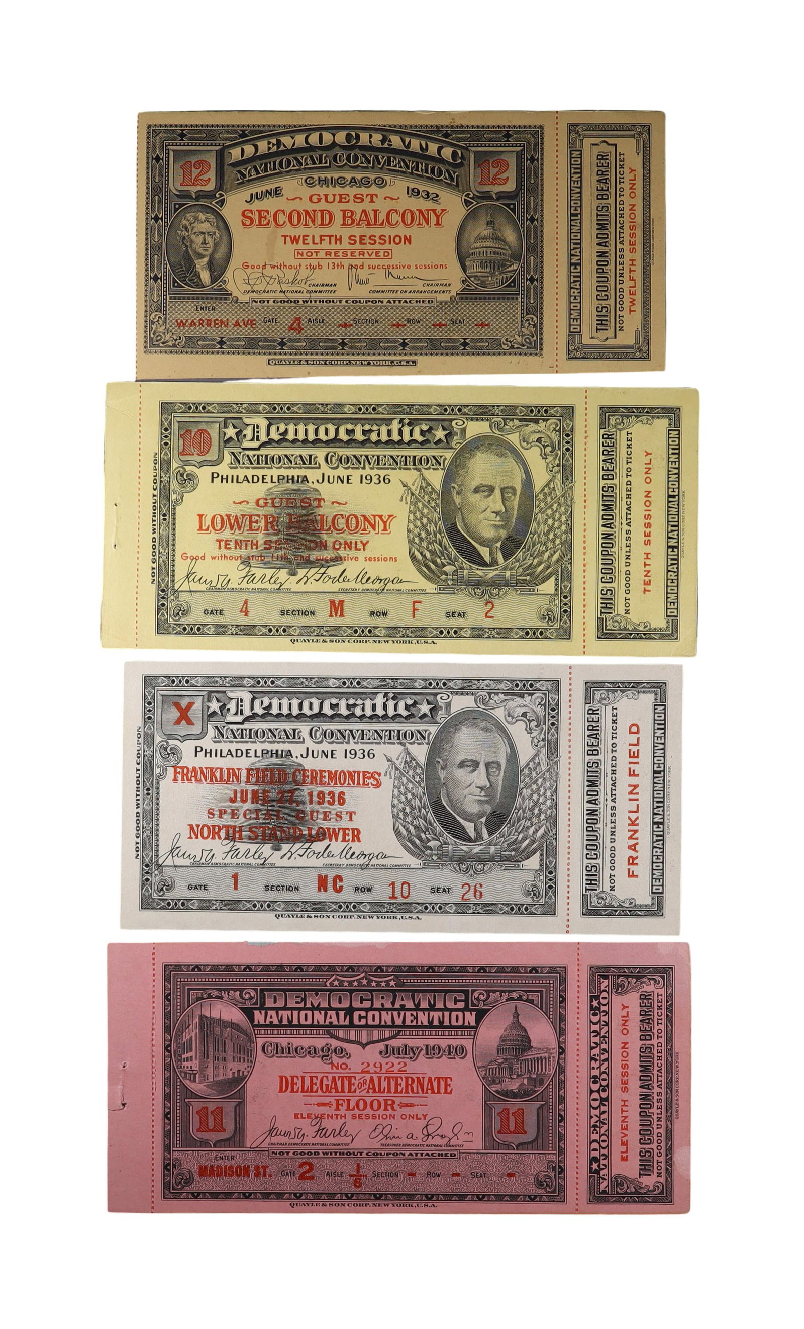 Four Democratic National Convention Session Tickets Signed by James A. Farley, 1932, 1936, and 1940 (1 of 1)