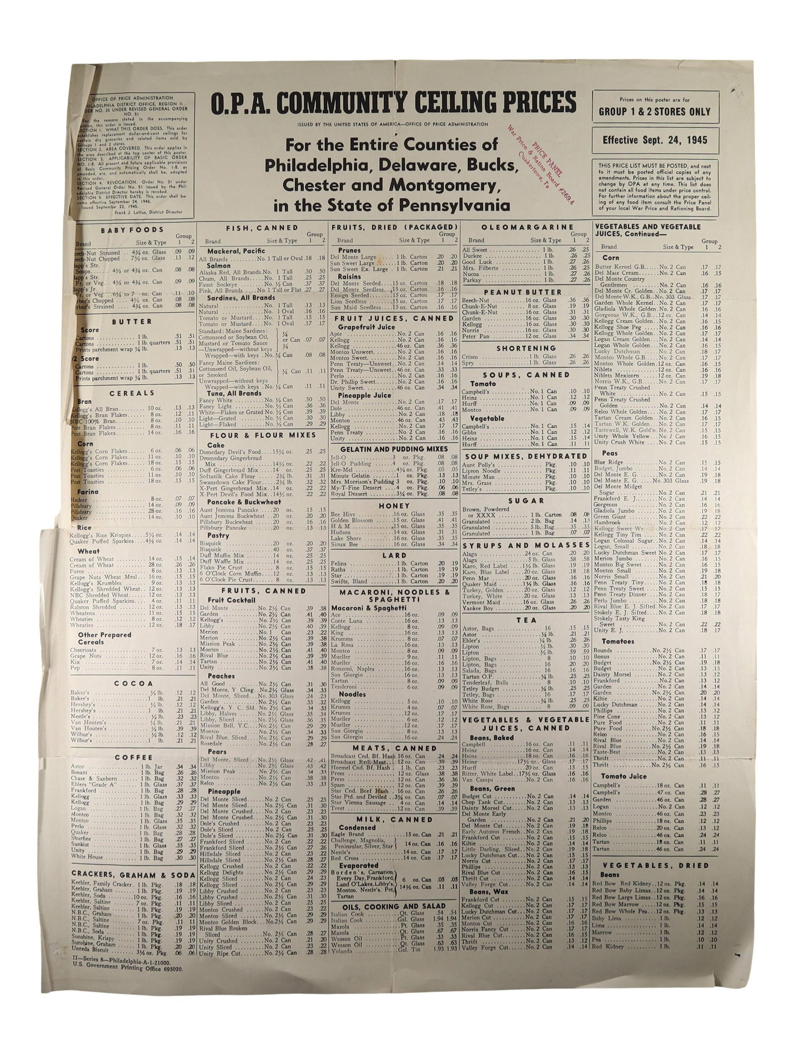 OFFICE OF PRICE ADMINISTRATION COMMUNITY CEILING PRICES BROADSIDE PHILADELPHIA AREA (1 of 1)