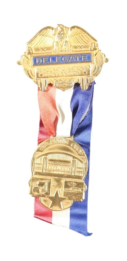 1964 DEMOCRATIC NATIONAL CONVENTION DELEGATE BADGE, ATLANTIC CITY With Original Red, White (1 of 1)