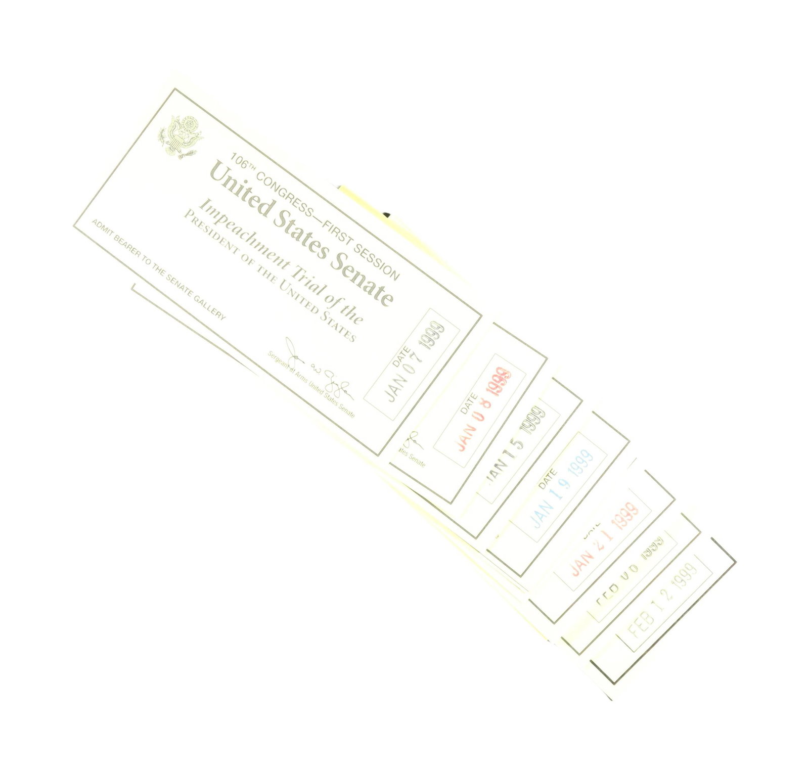 CLINTON IMPEACHMENT TRIAL SENATE GALLERY ADMISSION TICKET BOOKLET, 106th CONGRESS January 1999: A scarce multi date Senate gallery admission ticket booklet for the impeachment trial of President William Jefferson Clinton, issued by the United States Senate for the 106th Congress, First Session. 