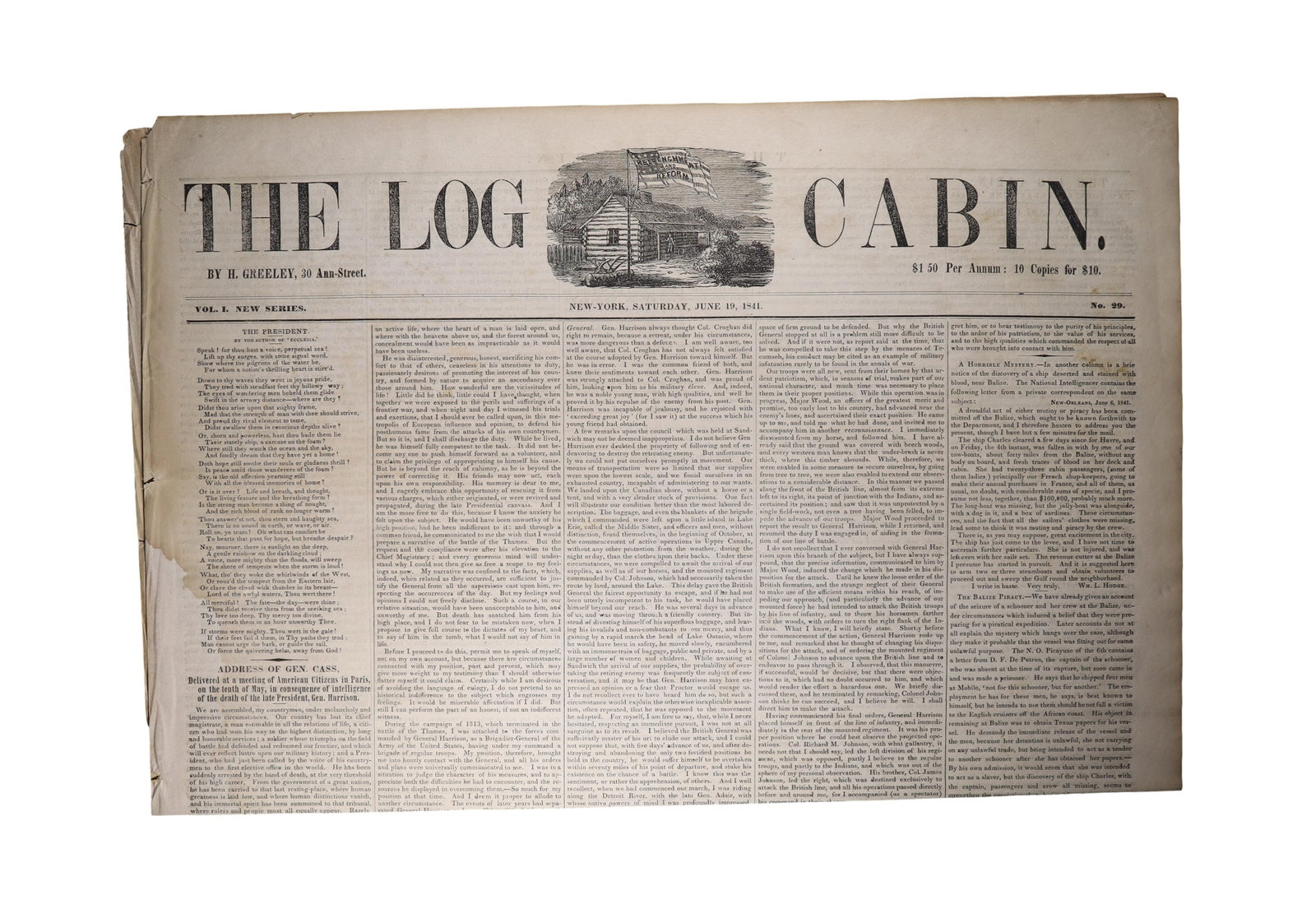 HORACE GREELEY'S THE LOG CABIN, JUNE 19, 1841 Gen. Cass Paris Address on Harrison's Death (1 of 1)