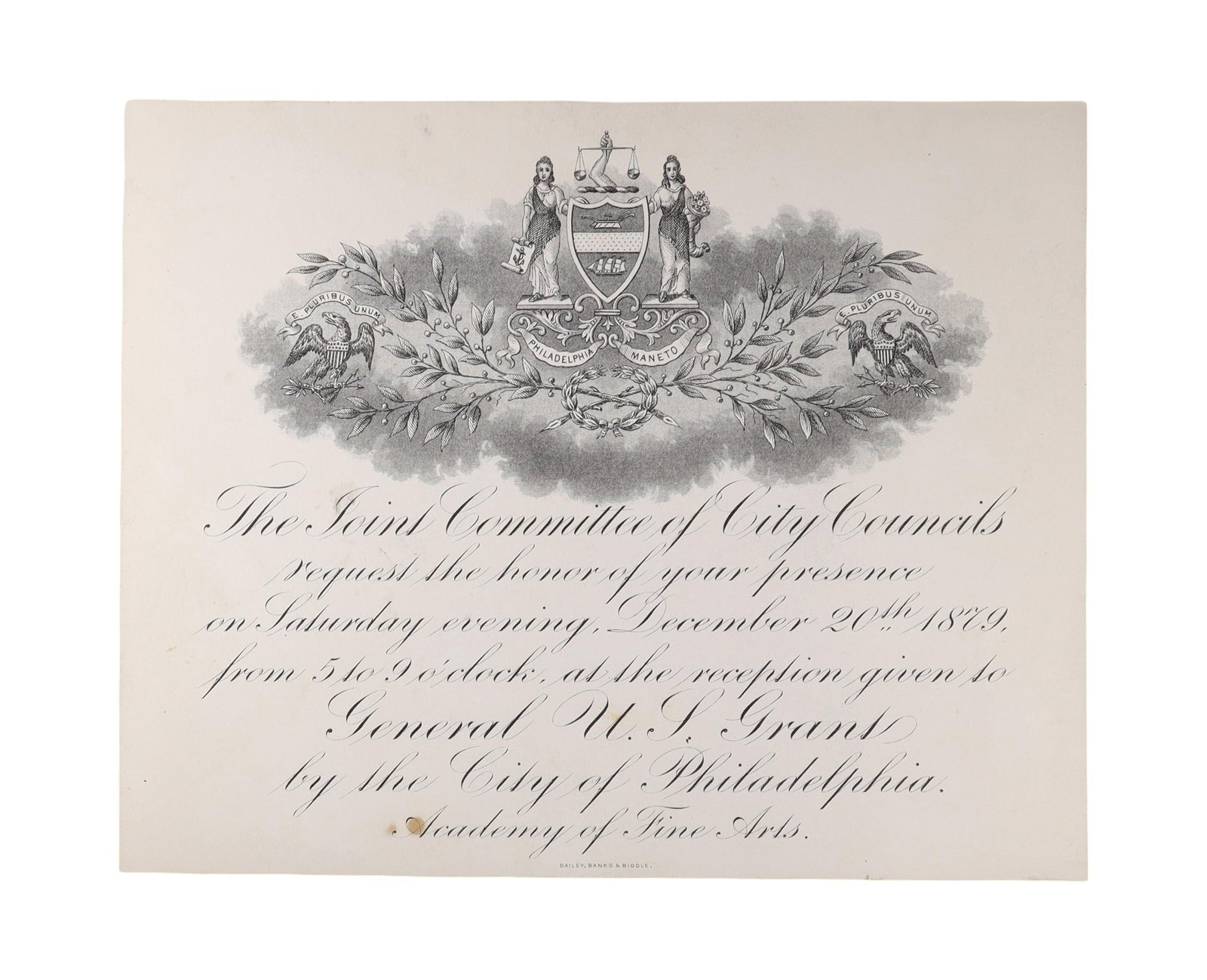ULYSSES S. GRANT PHILADELPHIA HOMECOMING EPHEMERA GROUP, December 1879 City Reception Invitation and (1 of 2)