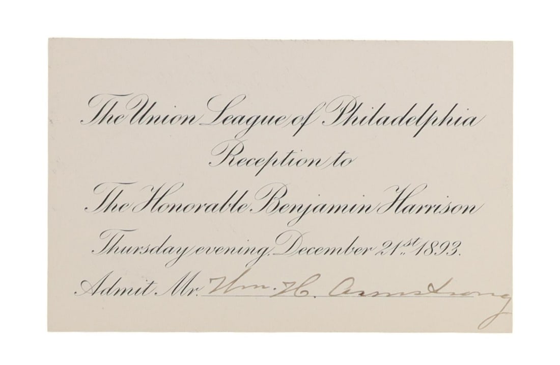 Benjamin Harrison Union League of Philadelphia Reception Admission Card, December 21, 1893 (1 of 1)