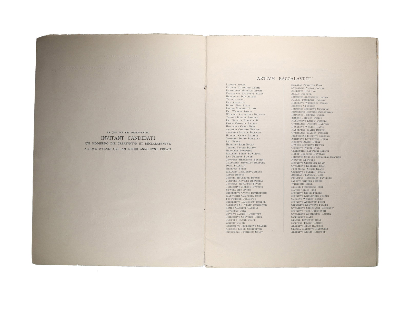 Harvard University Commencement Program, 1905: Theodore Roosevelt Receives Honorary LL.D. as: The 1905 Harvard Commencement program, printed entirely in the institution's classical Latin tradition, opens with an invitation page: "EA QVA PAR EST OBSERVANTIA / INVITANT CANDIDATI / QVI HODIERNO D