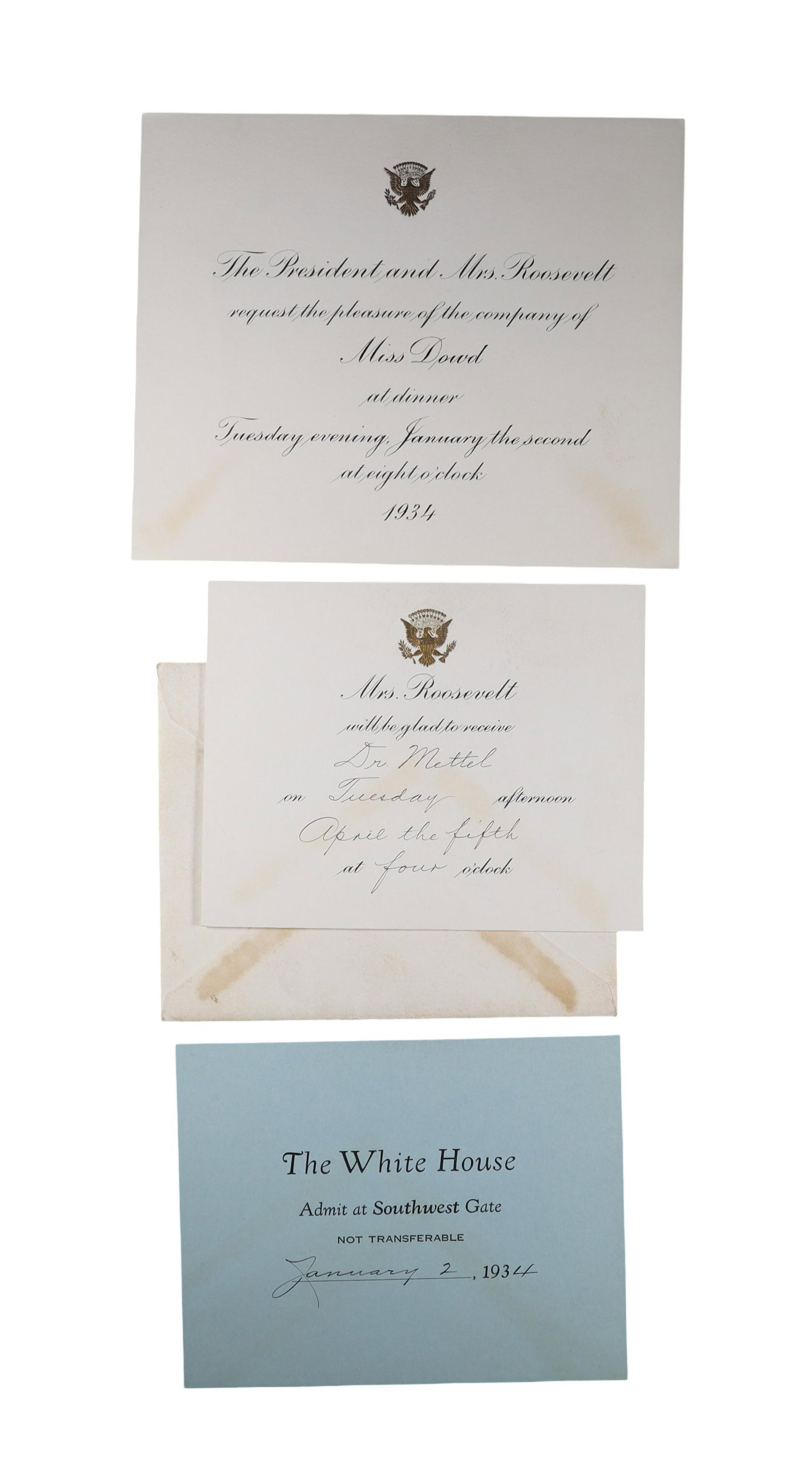 Franklin Roosevelt White House Dinner and Reception Invitations Group, January 1934 (1 of 1)