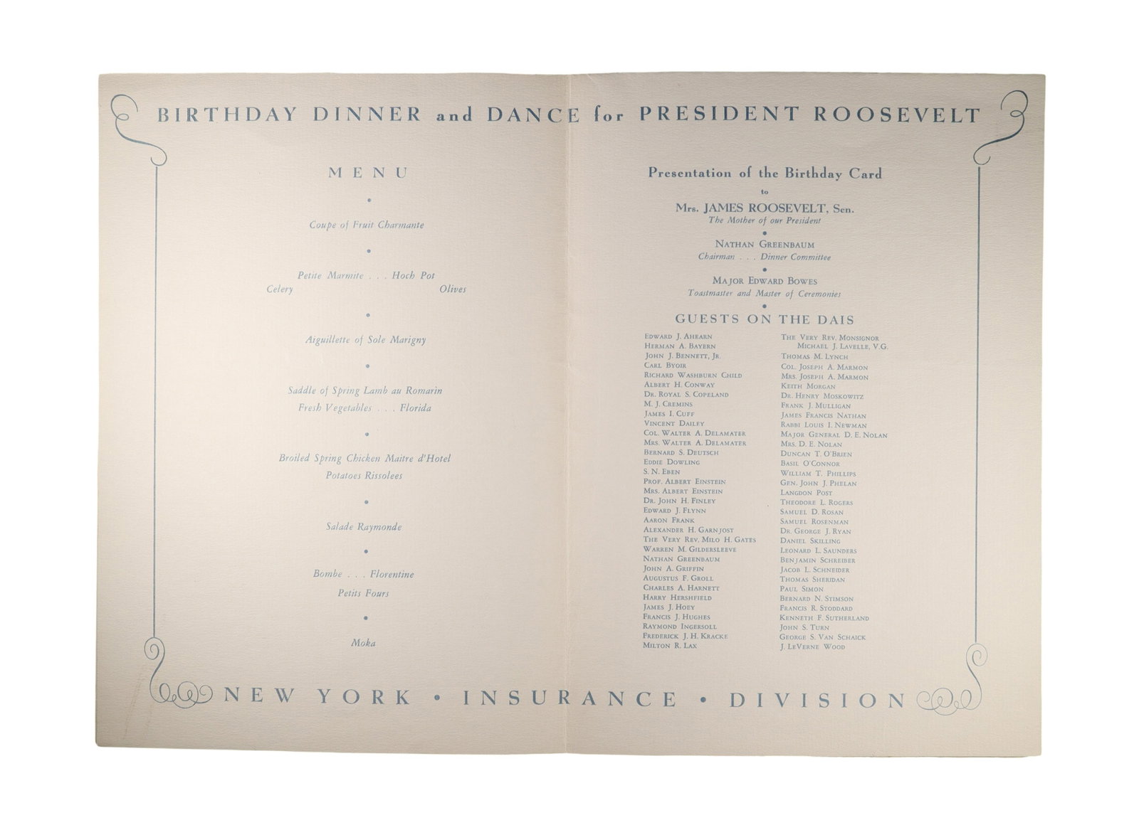 FDR Birthday Dinner and Dance Program, New York Insurance Division, Hotel Astor (1 of 2)