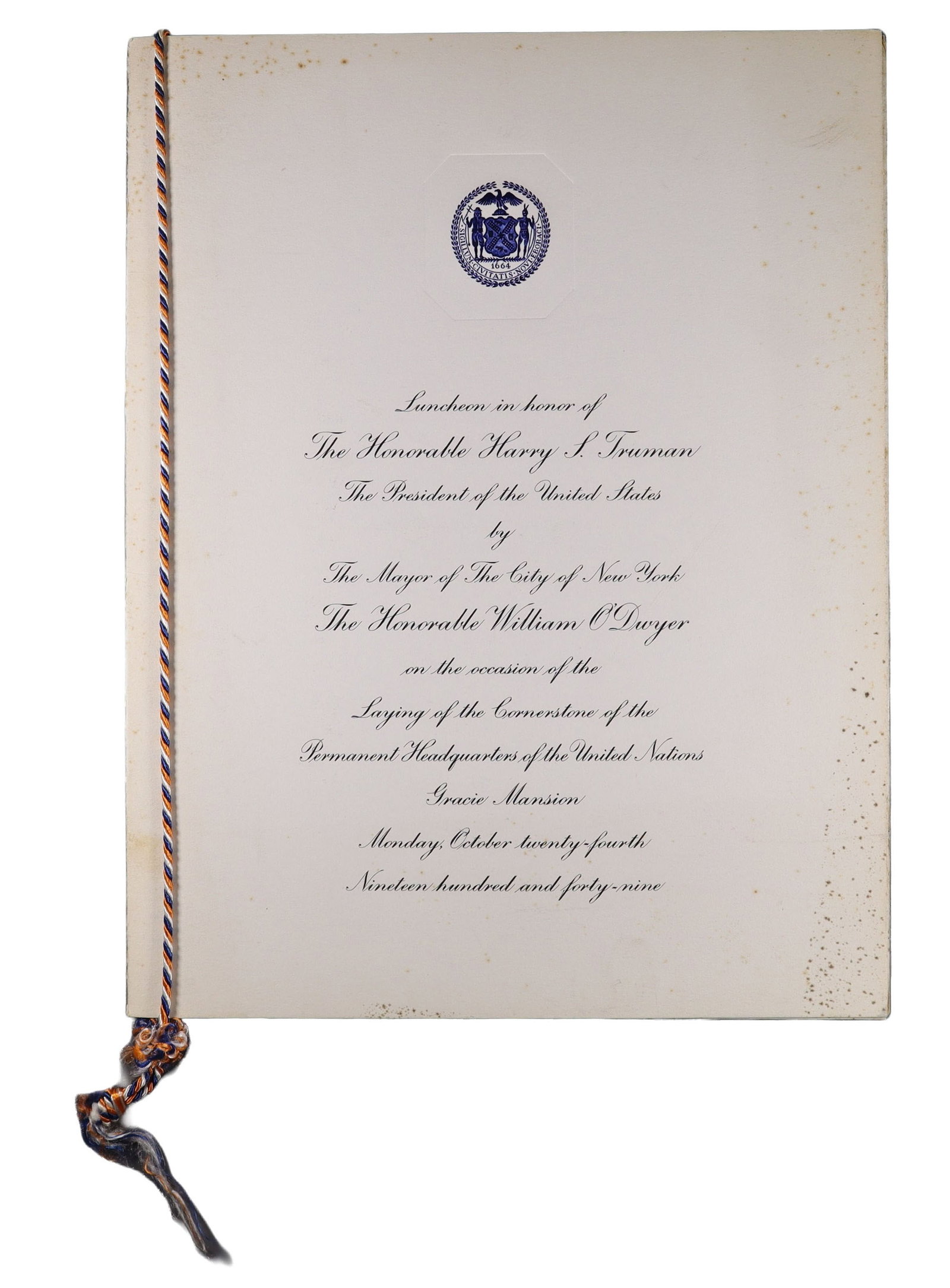 TRUMAN UN HEADQUARTERS CORNERSTONE LUNCHEON PROGRAM, GRACIE MANSION, OCTOBER 24, 1949 (1 of 1)