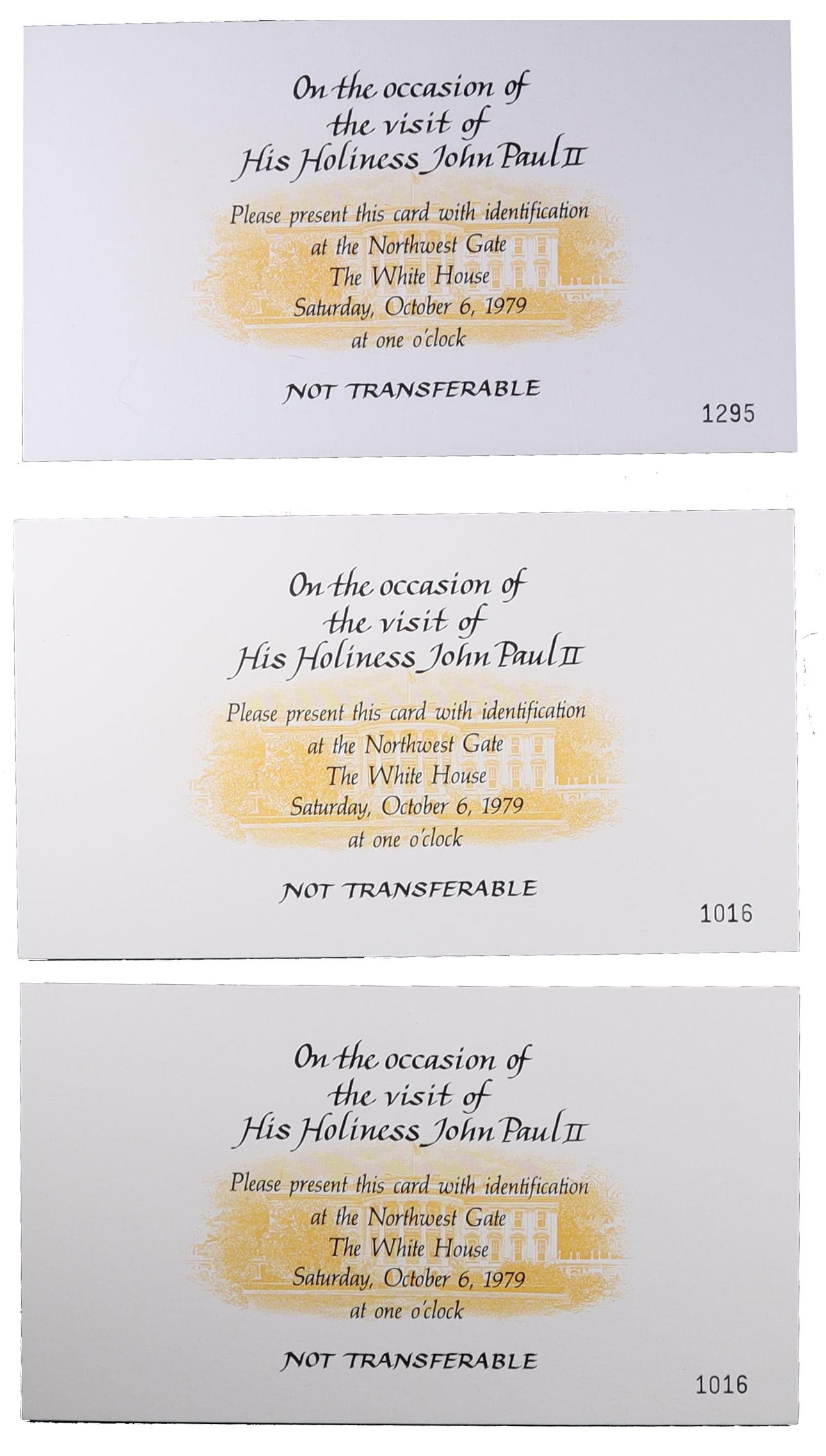 Carter White House Official Program and Three Admission Cards for the Visit of Pope John Paul II: A complete archival set documenting a notably memorable occasions of the Carter presidency: the October 6, 1979 White House reception for Pope John Paul II during the first American papal tour. Three 