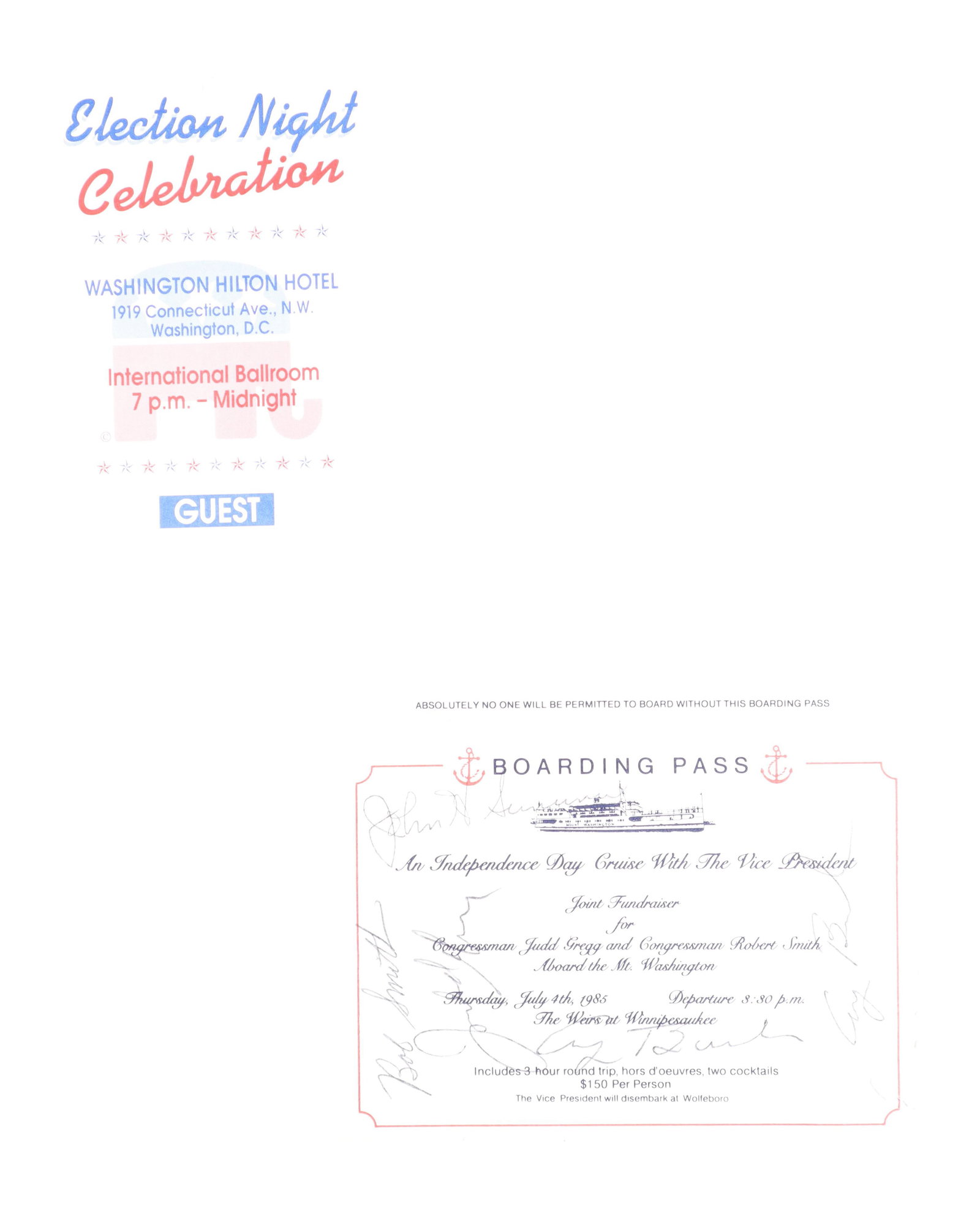 George H.W. Bush Era Ephemera: Election Night Guest Pass and 1985 Vice Presidential Independence Day: Two pieces of George H.W. Bush era political ephemera. to Midnight, marked "GUEST" in blue, with red, white, and blue Republican design; likely from his November 8, 1988 presidential election victory 