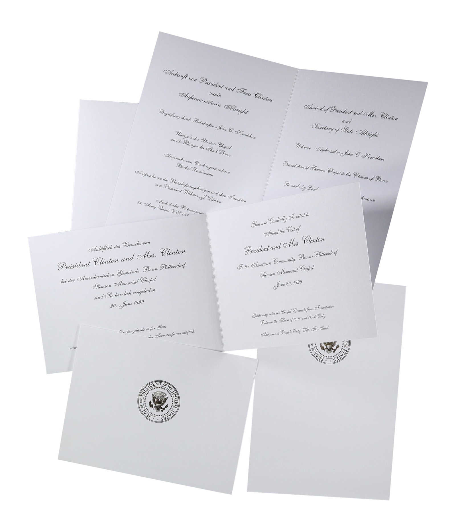Bill Clinton Official Visit Ephemera Group Stimson Memorial Chapel: American Community Bonn Plittersdorf, Germany, June 20, 1999, with Secretary of State Madeleine Albright A group of official event materials from President Clinton's visit to the American Community in