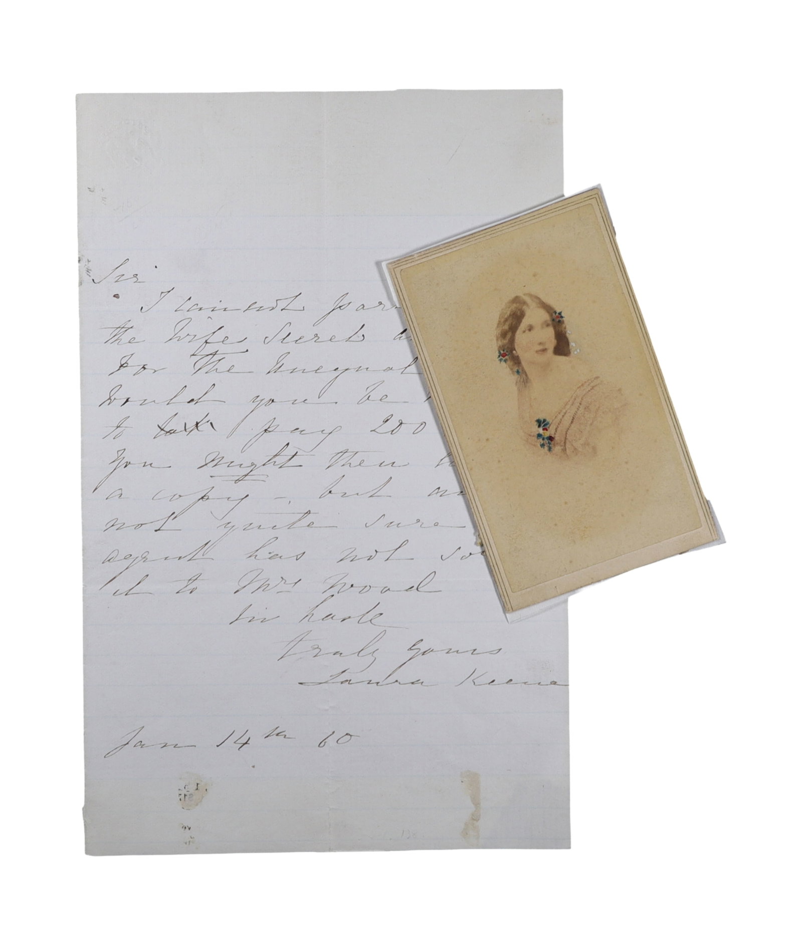 LAURA KEENE ALS, 1860 NEGOTIATING PLAY RIGHTS WITH HAND COLORED CDV AND CHARLES HAMILTON PROVENANCE: Laura Keene (c.1826 to 1873), the celebrated actress manager who was performing Our American Cousin at Ford's Theatre on the night Abraham Lincoln was assassinated, signs a business letter negotiating