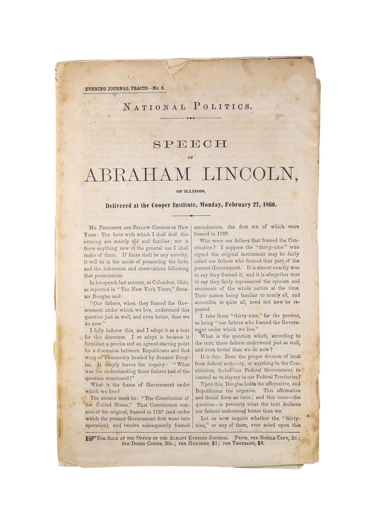Lincoln's Cooper Union Speech: 'Evening Journal Tracts No. 5, National Politics (1 of 1)