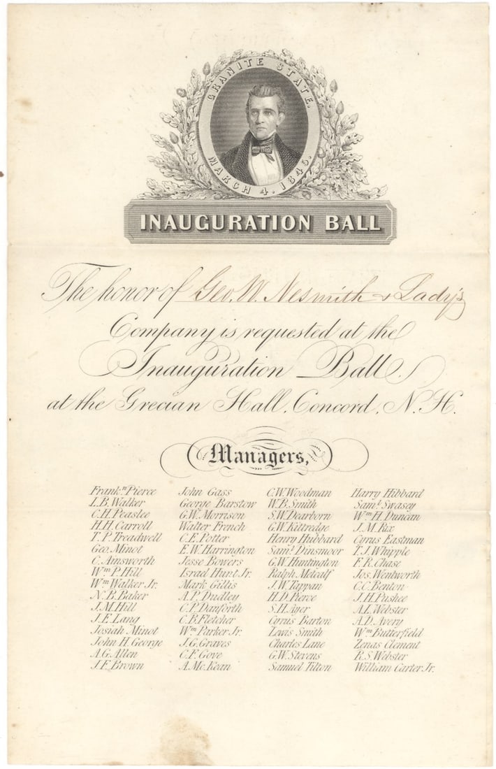 Franklin Pierce Inauguration Ball Invitation, Grecian Hall, Concord (1 of 3)