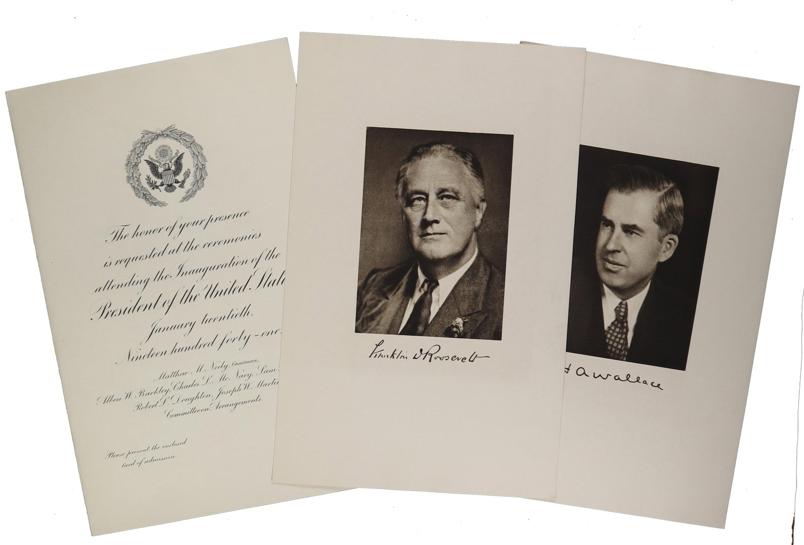 FDR Third Inaugural 1941 Three Piece Group: Congressional Invitation with Roosevelt and Wallace: Facsimile Portrait Cards A three piece grouping from Franklin Roosevelt's third inauguration on January 20, 1941, the first time in American history that a president had been sworn in for a third cons