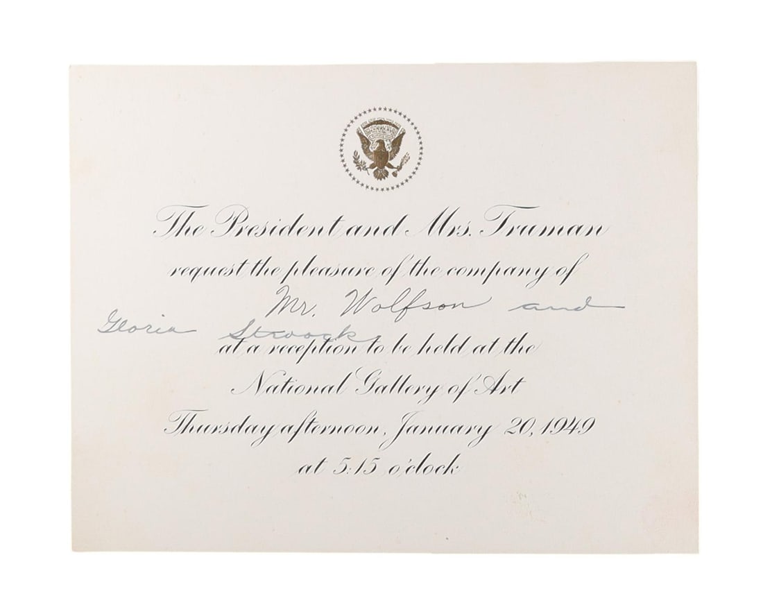 Truman 1949 Inauguration Archive: White House Reception Invitation Plus Two Inaugural Platform: A three piece archive documenting the attendance of Mr. Wolfson and companion at Truman's January 20, 1949 inauguration. Item 1: White House engraved card bearing the gold Presidential Seal: "The Pres