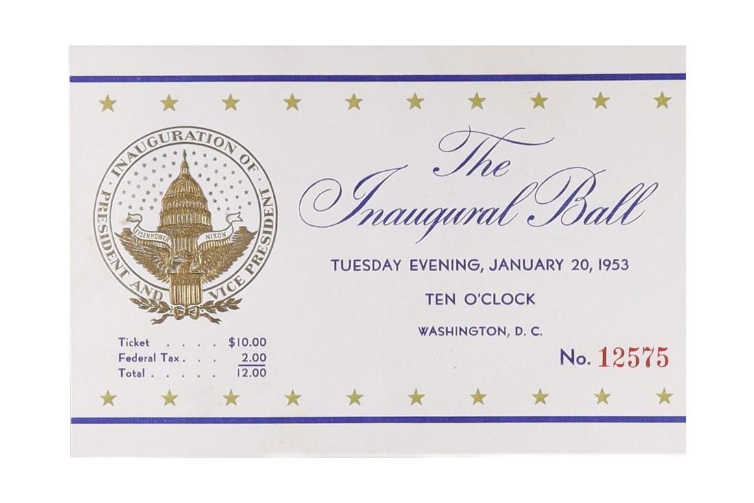 EISENHOWER INAUGURAL BALL TICKET, JANUARY 20, 1953 NUMBERED 12575: An original admission ticket to the Inaugural Ball celebrating the inauguration of Dwight D. Eisenhower as 34th President of the United States, held Tuesday evening, January 20, 1953, Washington, D.C.