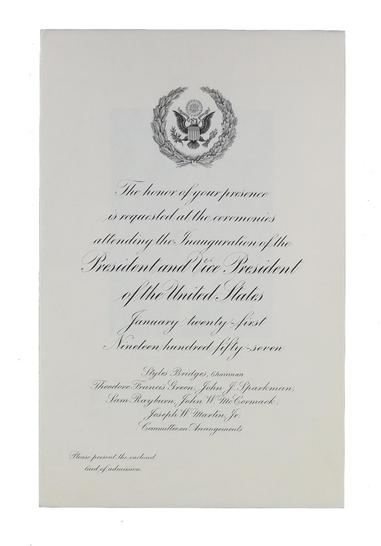 Eisenhower/Nixon 1957 Second Inaugural Four Piece Archive: Congressional Invitations, Envelope: Eisenhower/Nixon 1957 Second Inaugural Four Piece Archive: Congressional Invitations, Envelope, and Facsimile Portrait Cards A four piece grouping from Dwight Eisenhower's second inauguration on Janua