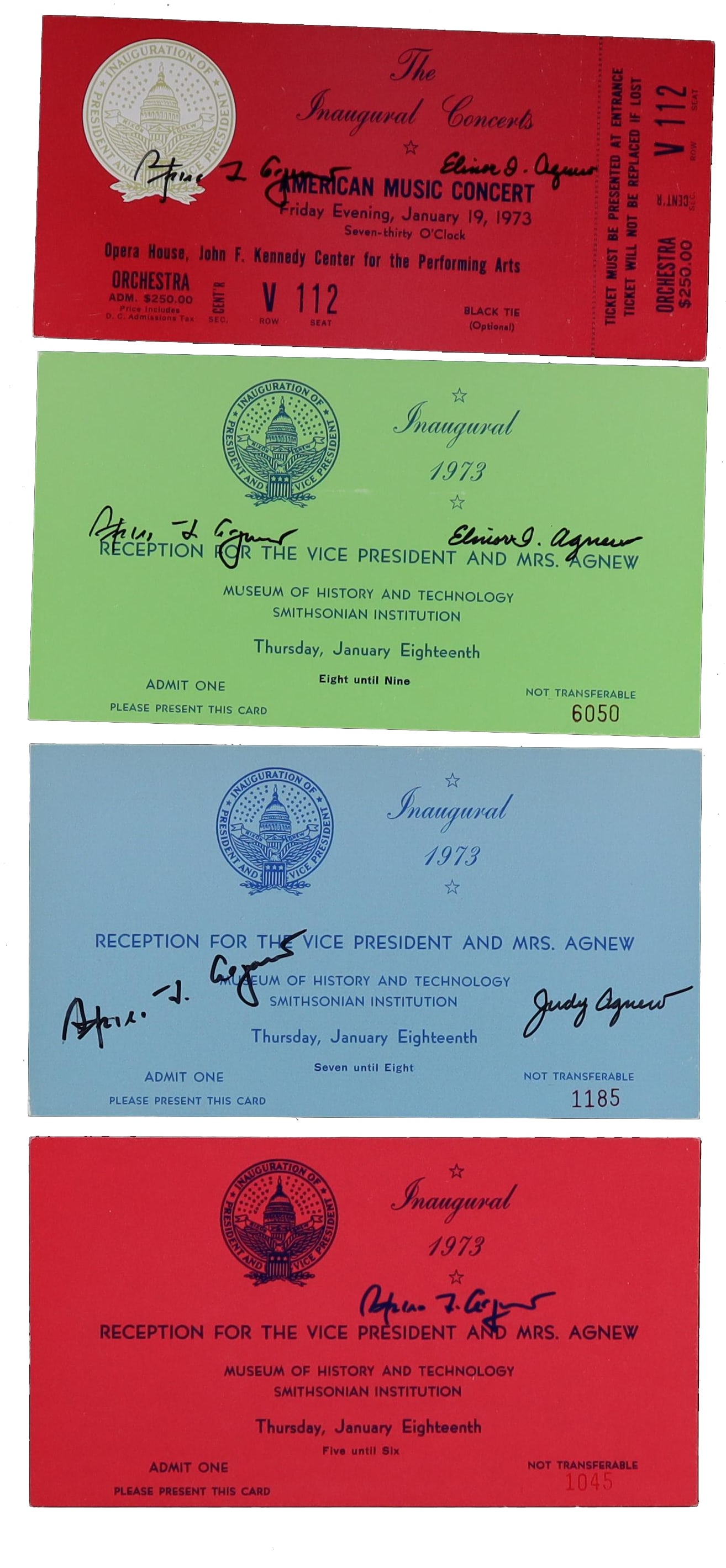 Spiro Agnew Signed Nixon Second Inaugural Archive: Four Tickets Bearing Genuine Signatures of Spiro: Agnew, Elinor Agnew, and Judy Agnew, January 1973 Among the most personally signed inaugural ticket archives to surface from the Nixon era, this four piece grouping documents the Vice Presidential sid