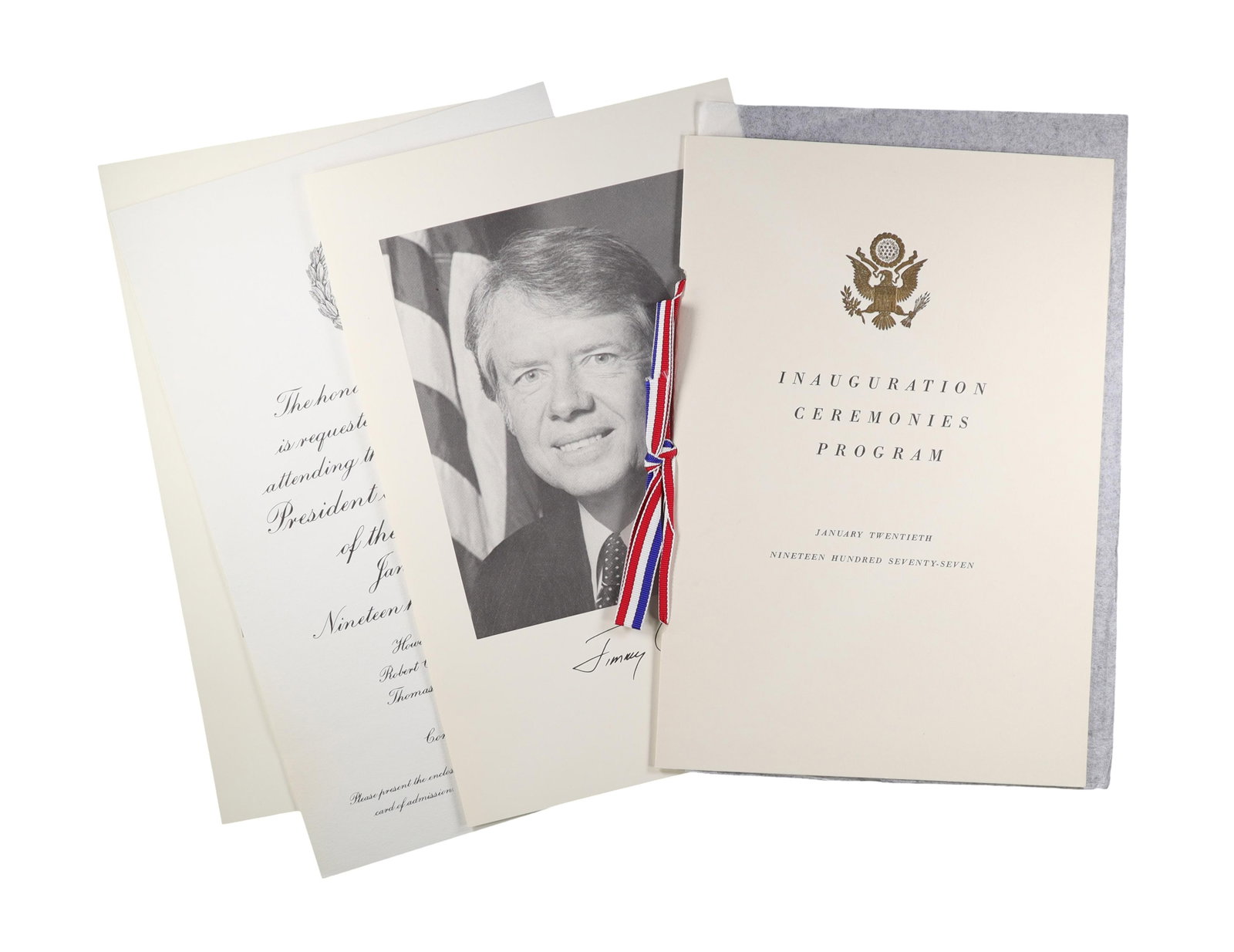 JIMMY CARTER 1977 INAUGURAL ARCHIVE INAUGURATION CEREMONIES PROGRAM WITH RIBBON: Jimmy Carter's inauguration on January 20, 1977 marked one of the sharpest stylistic breaks in modern presidential history. The peanut farmer from Plains, Georgia who had defeated Gerald Ford walked P