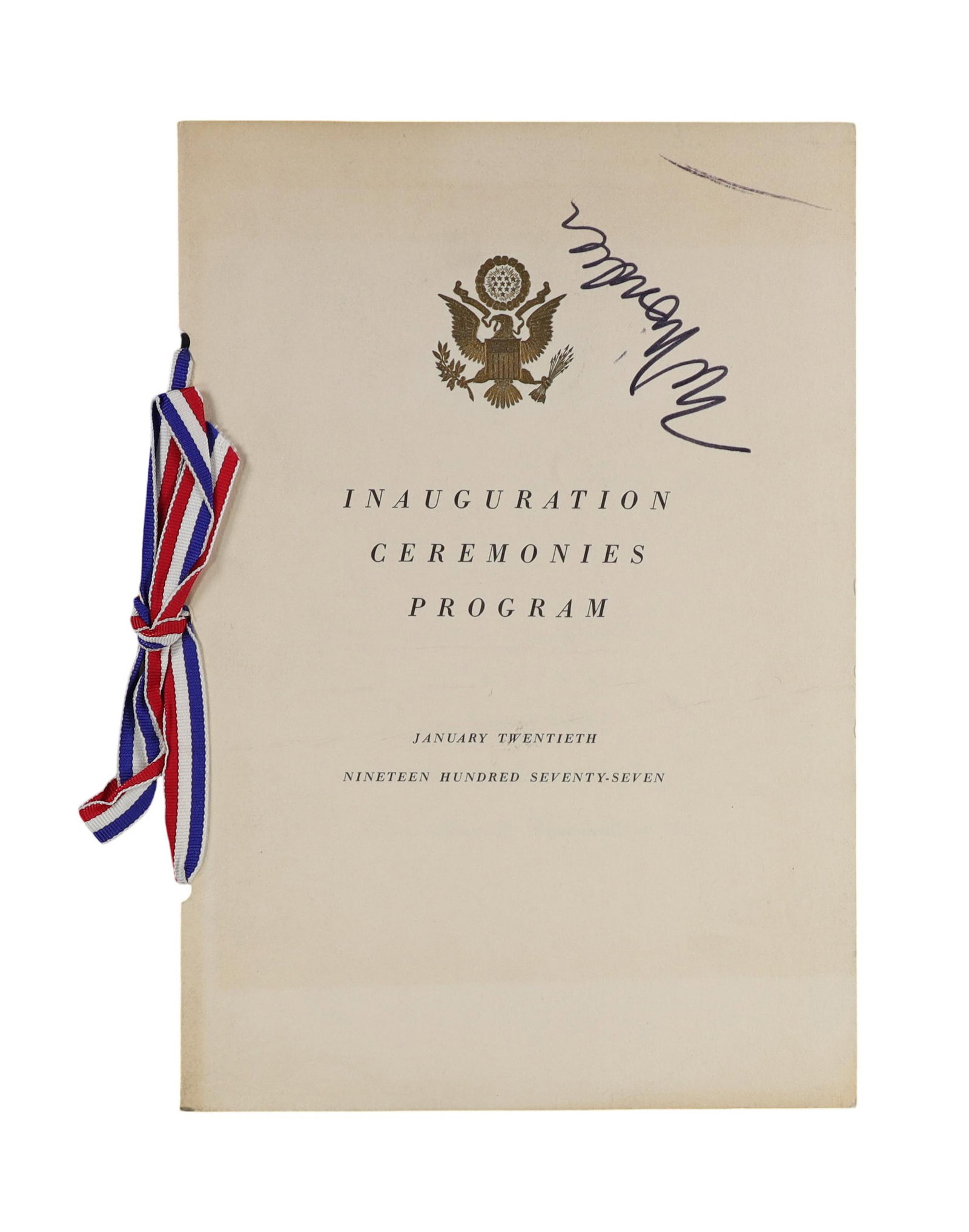 Carter 1977 Inauguration Ceremonies Program Signed by Walter F. Mondale: A Carter inaugural Inauguration Ceremonies Program for January 20, 1977, bearing a manuscript signature on the cover above the gold embossed Great Seal, signed by Walter F. Mondale, who was inaugurate