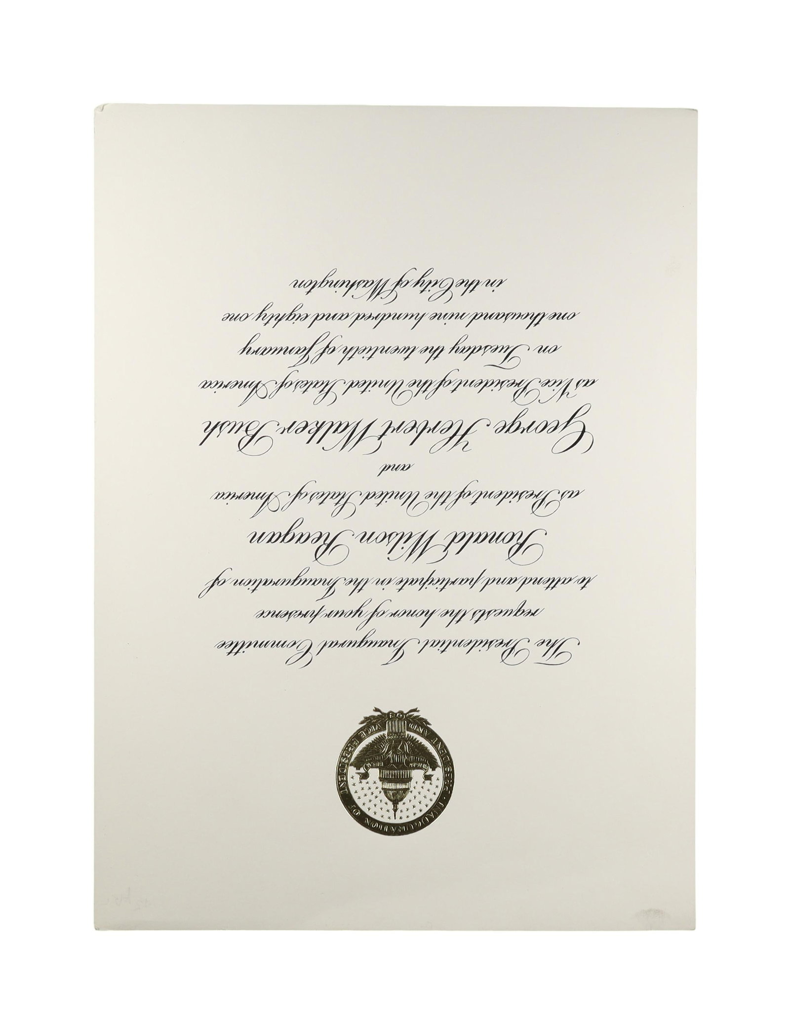 RONALD REAGAN 1981 INAUGURAL INVITATION TWO COPIES PRESIDENTIAL INAUGURAL COMMITTEE Ronald Reagan's: Ronald Reagan's first inauguration on January 20, 1981 was the moment the conservative political movement that had been building since Barry Goldwater's 1964 campaign finally reached the White House. 