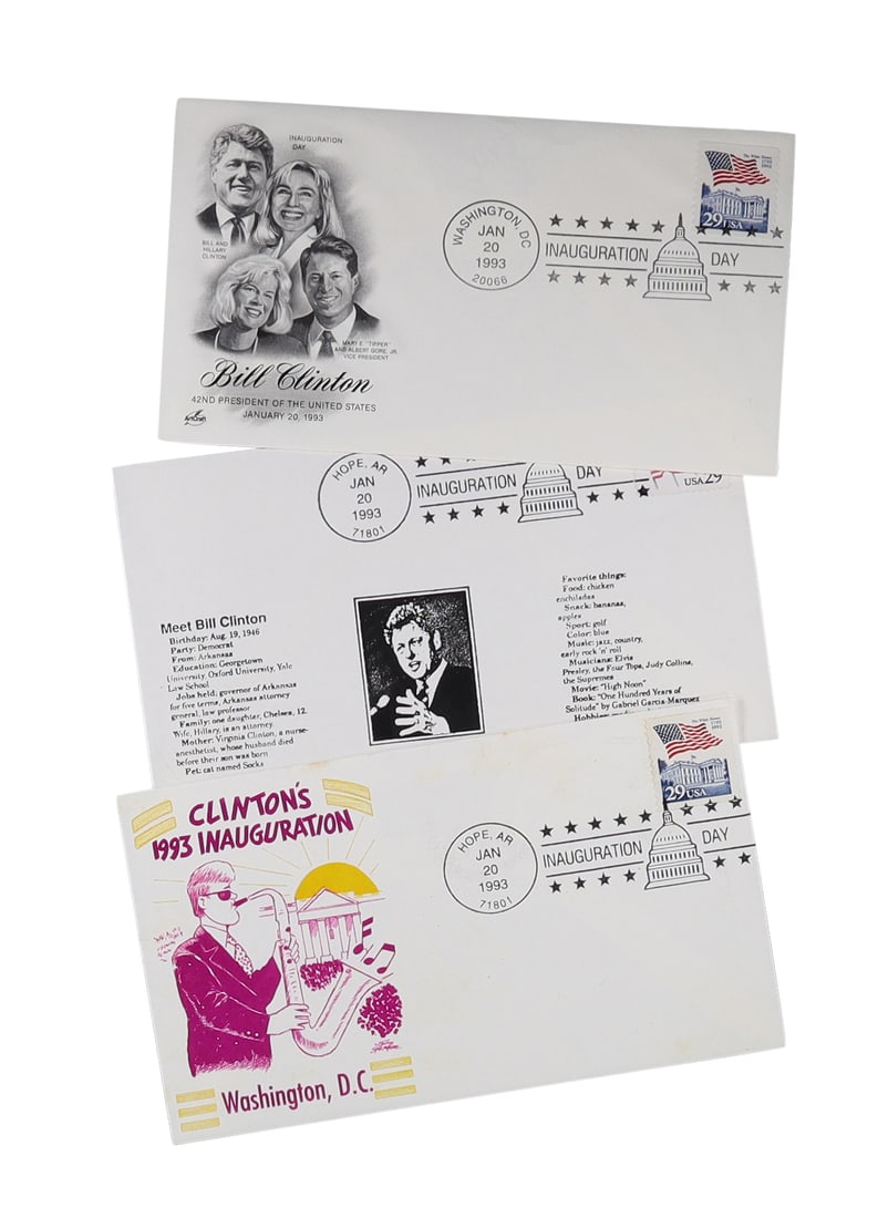 Bill Clinton 1993 Inauguration Three First Day Covers, Washington D.C. and Hope, Arkansas Cancels: January 20, 1993 A group of three First Day Covers commemorating the inauguration of Bill Clinton as 42nd President of the United States on January 20, 1993. The first cover carries an illustrated des