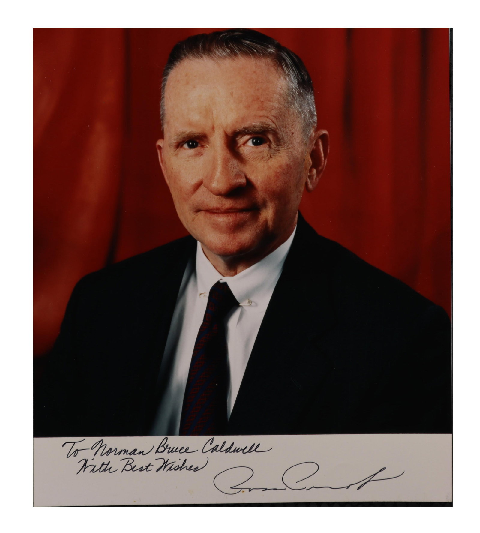 ROSS PEROT SIGNED INSCRIBED COLOR PORTRAIT PHOTOGRAPH — "WITH BEST WISHES" Ross Perot, the: ROSS PEROT SIGNED INSCRIBED COLOR PORTRAIT PHOTOGRAPH — "WITH BEST WISHES" Ross Perot, the Texas billionaire whose independent presidential campaigns in 1992 and 1996 drew the largest third-party vo
