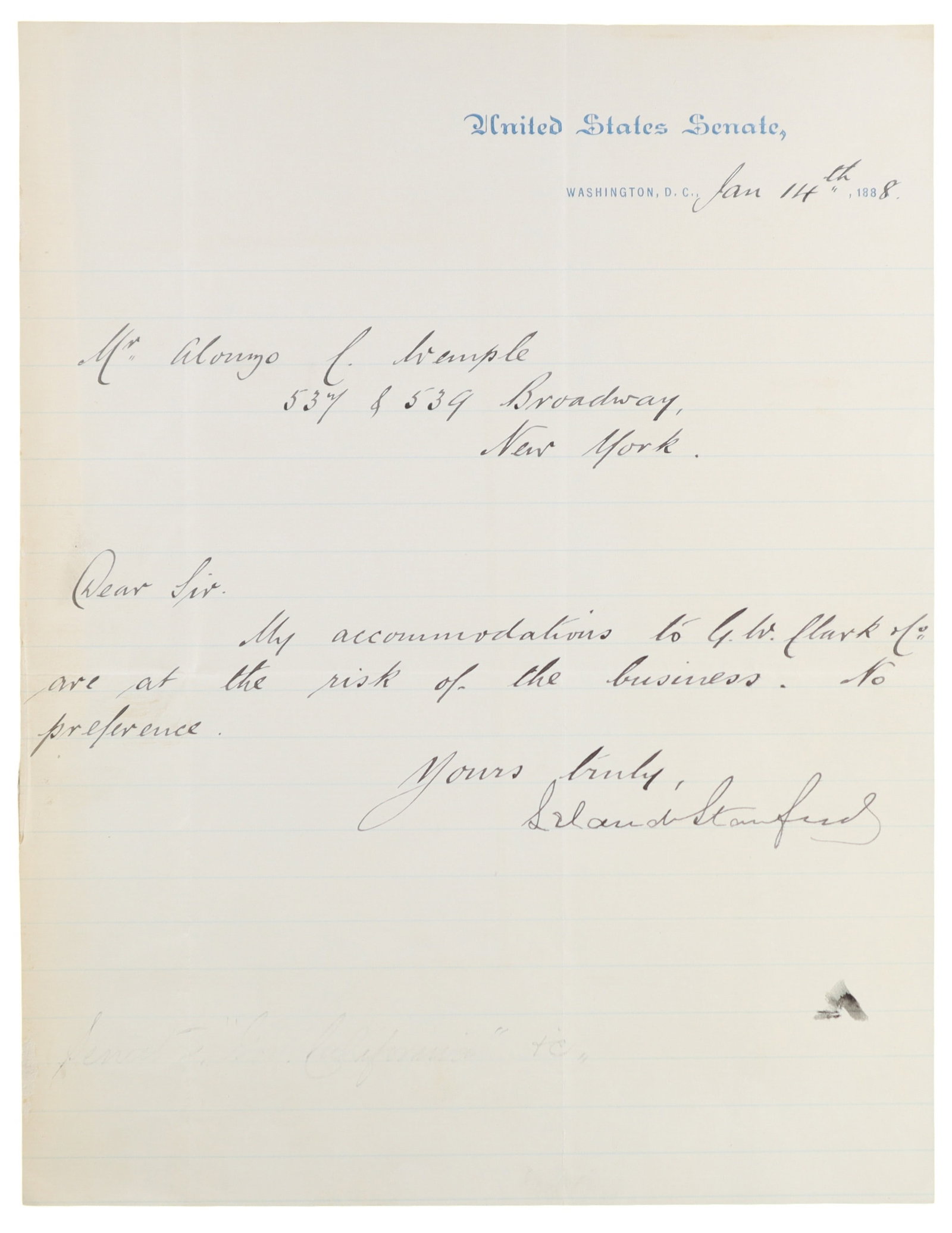 LELAND STANFORD ALS ON U.S. SENATE LETTERHEAD, 1888 THE RAILROAD BARON WRITES ON BUSINESS FROM (1 of 1)