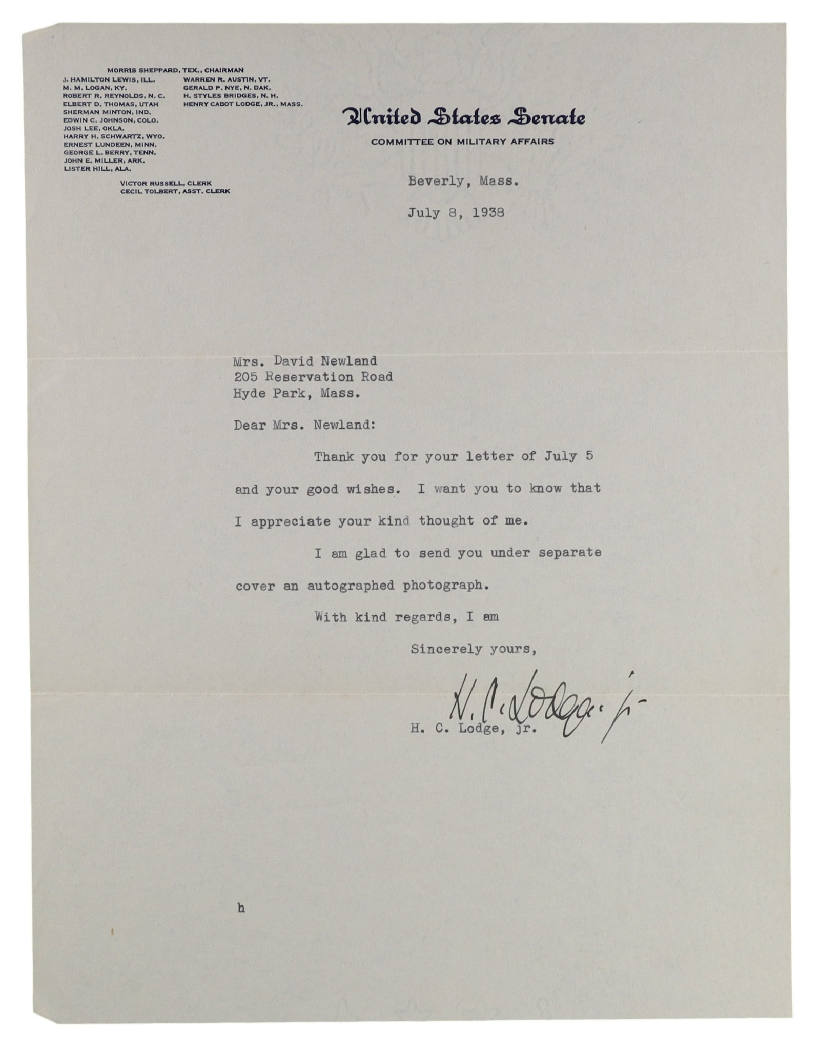 HENRY CABOT LODGE JR. TLS WITH MATCHING SIGNED PORTRAIT PHOTOGRAPH (1 of 1)