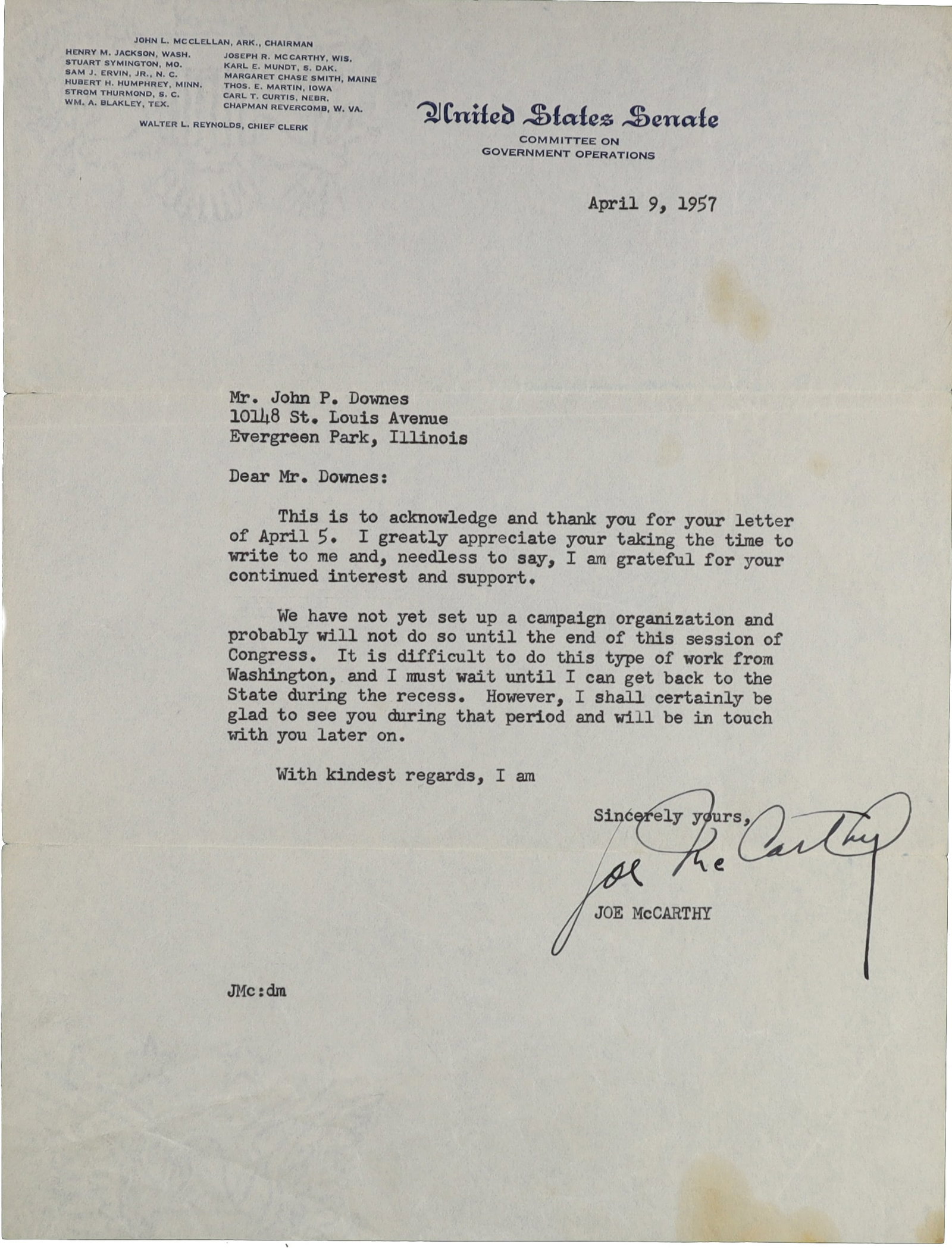 Joe McCarthy Typed Letter Signed United States Senate Committee on Government Operations, April 9 (1 of 1)