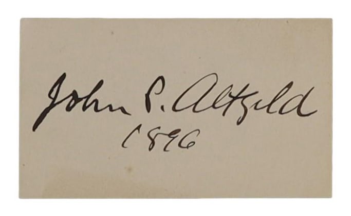 John P. Altgeld and Emma Ford Altgeld Paired Signed Cards, 1896 Governor of Illinois and His Wife: A matched pair from a notably consequential and controversial governorships in Gilded Age America. John Peter Altgeld served as Governor of Illinois from 1893 to 1897, and his tenure is still argued o