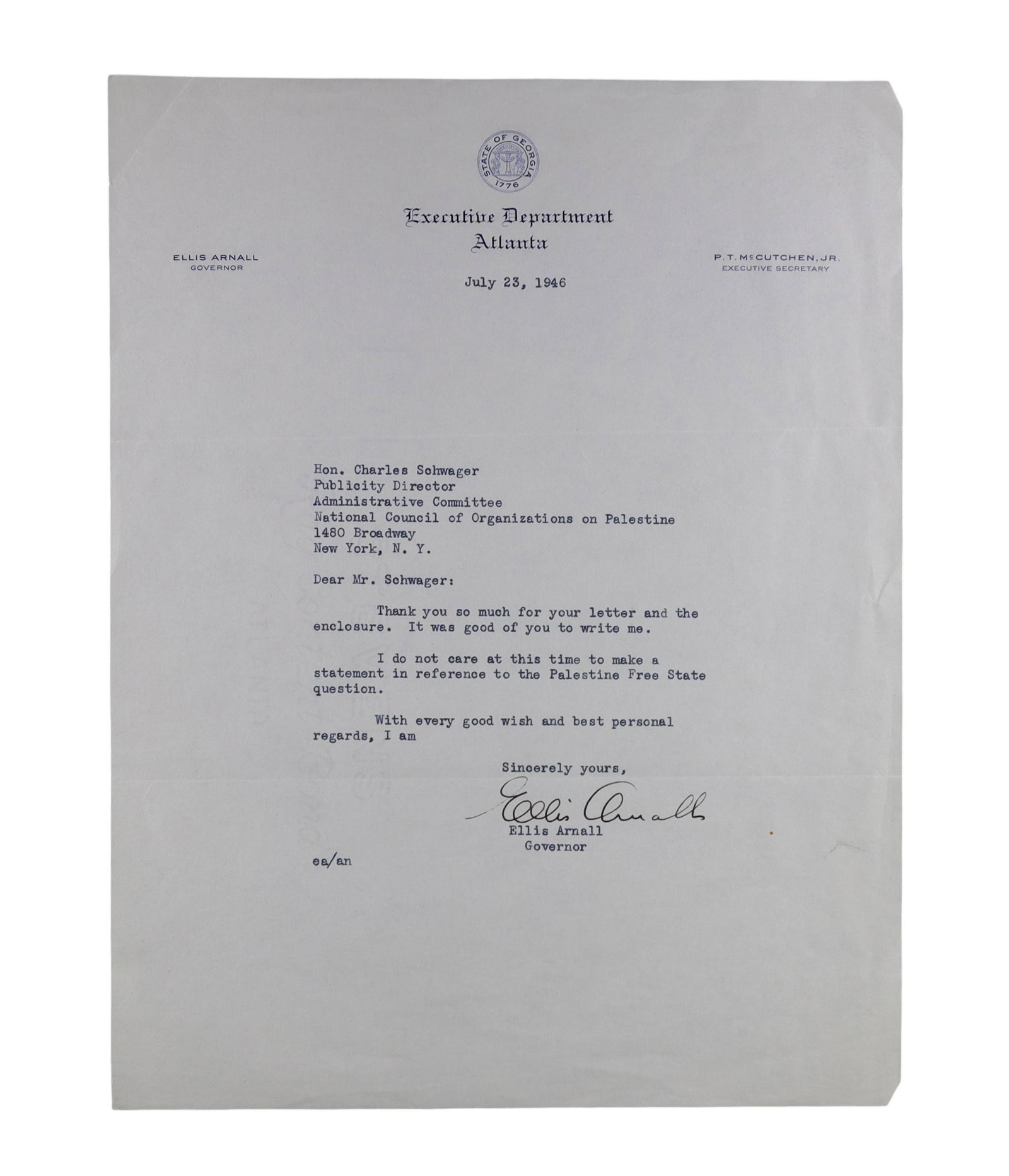Ellis Arnall Two Piece Lot Typed Letter Signed as Governor of Georgia on Palestine Statehood, 1946: Ellis Arnall Two Piece Lot, Typed Letter Signed as Governor of Georgia on Palestine Statehood, 1946, and Signed Inscribed Portrait A two piece grouping from a notably progressive governors in Georgia 