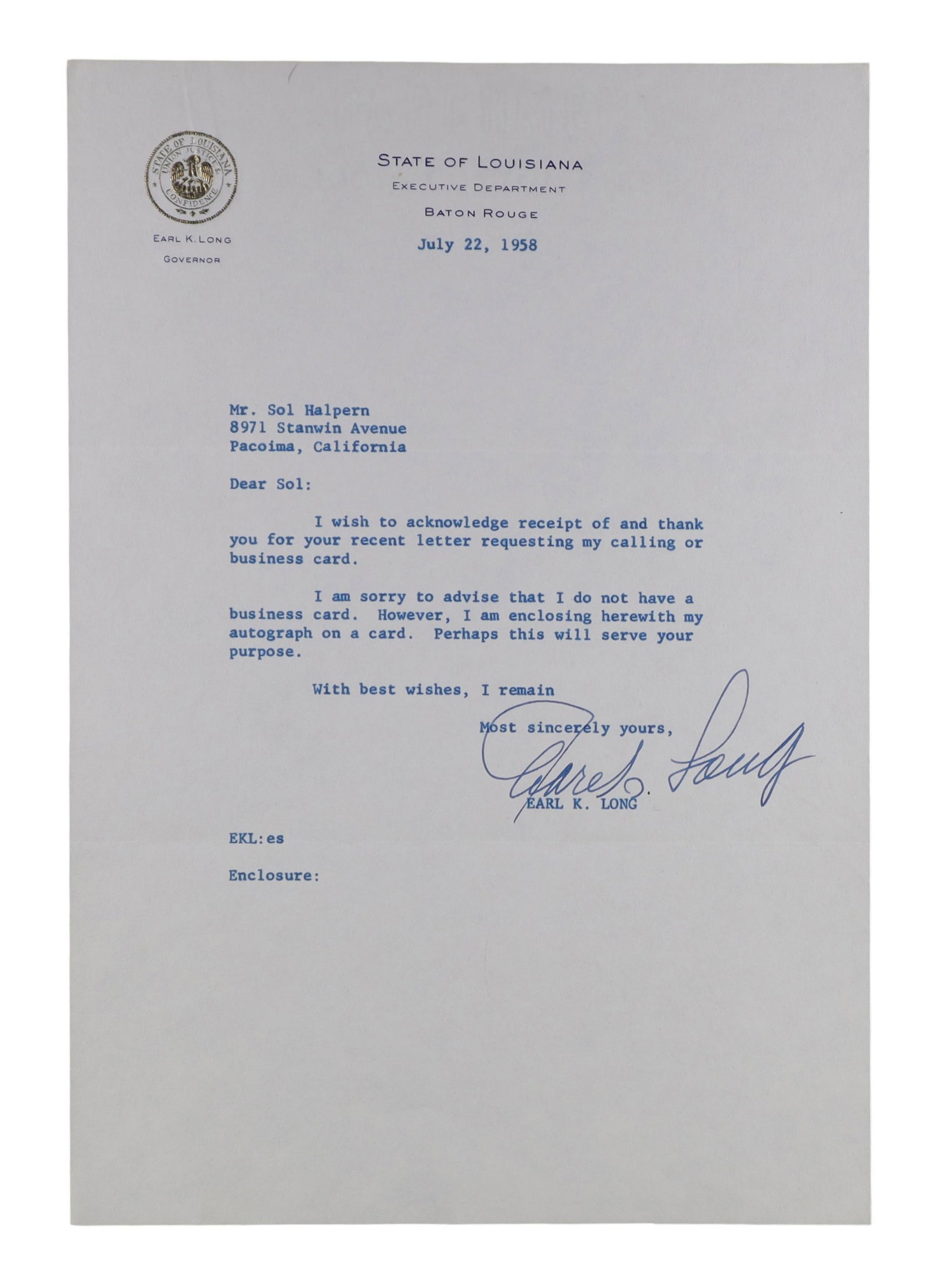 Governor Archive Democratic, Southern & Mid Century (10 Items): Ten signed pieces from Southern and border state Democratic governors of the mid 20th century. EARL K. LONG (D LA, 1939 to 60): TLS as Governor, Baton Rouge, July 1958, 'The Last of the Red Hot Papas.