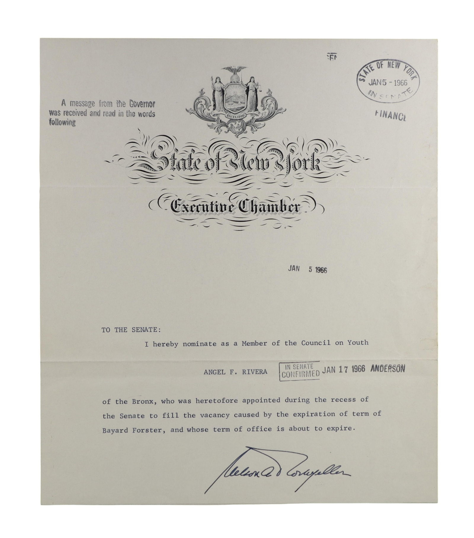 Nelson A. Rockefeller Document Signed as Governor of New York, Nominating Angel F. Rivera to the (1 of 2)