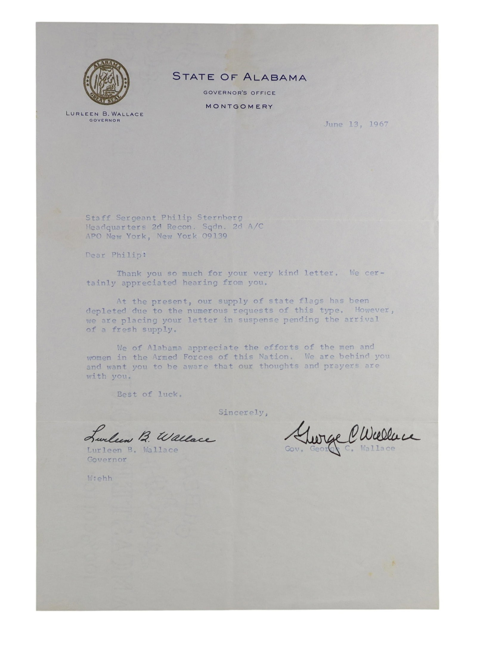 Lurleen B. Wallace and George C. Wallace Dual Signed Letter to Vietnam Serviceman, June 13, 1967 (1 of 1)