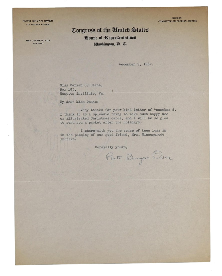Ruth Bryan Owen TLS as Congresswoman, December 9, 1932 Letter to Hampton Institute on Congressional (1 of 1)
