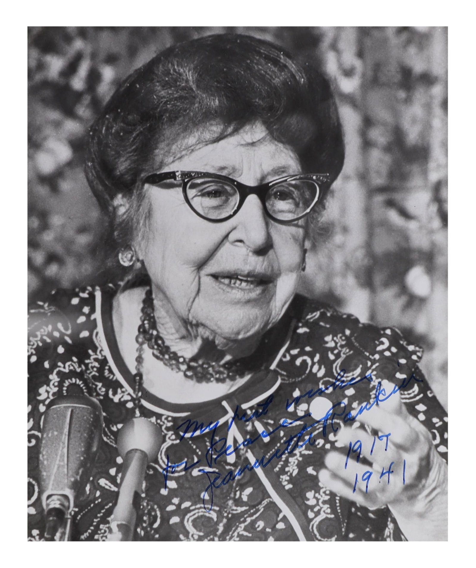 Jeannette Rankin Signed Photograph with 1917 and 1941 War Vote Annotation The Only Member to Vote (1 of 1)