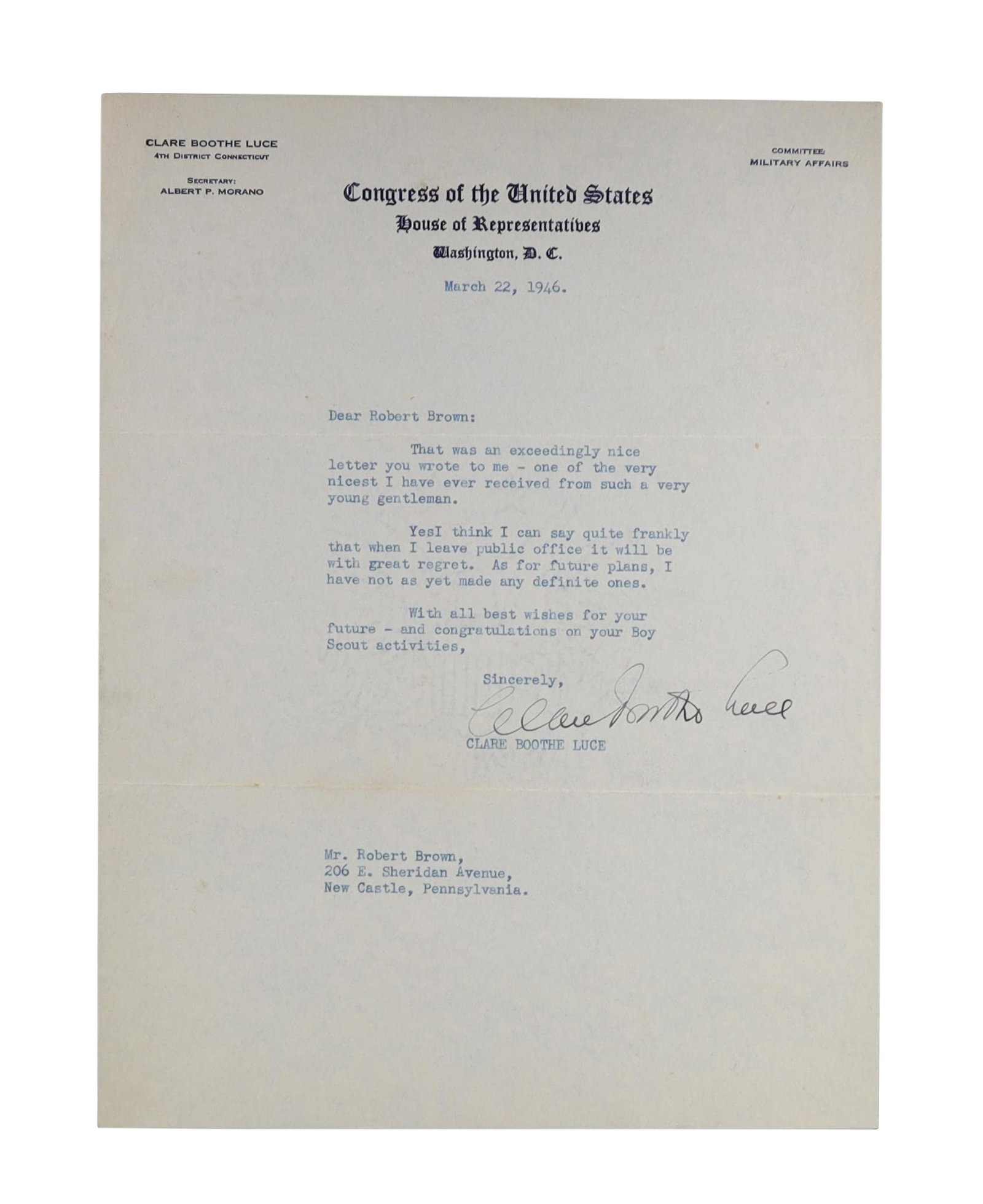 Clare Boothe Luce TLS as Congresswoman, March 22, 1946 Written as She Prepared to Leave Public Life.: Clare Boothe Luce was among the most notable women of the twentieth century: playwright, war correspondent, congresswoman from Connecticut, ambassador to Italy, and one of the sharpest wits in America