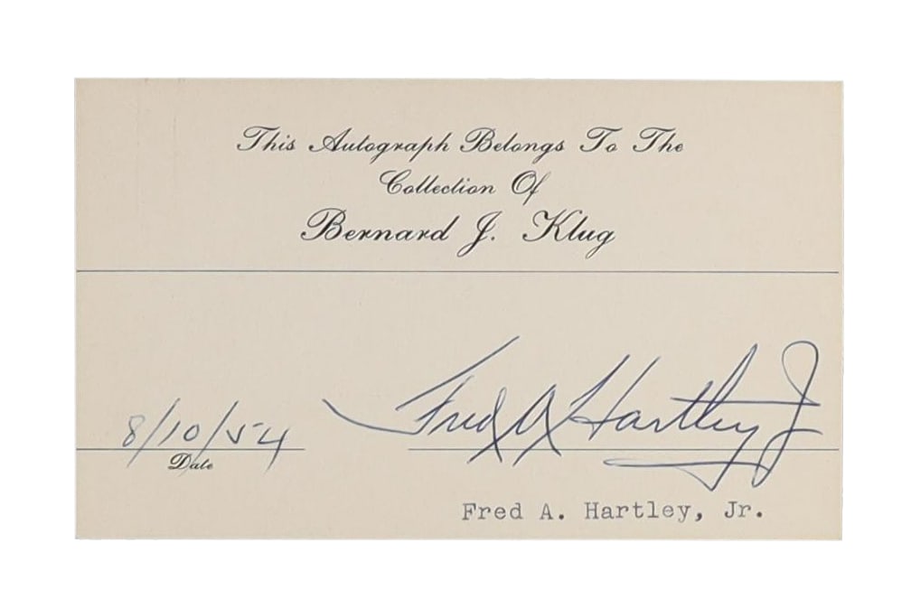 Fred A. Hartley Jr. Signed Card Co Author of the Taft Hartley Act. Fred Hartley of New Jersey served (1 of 1)