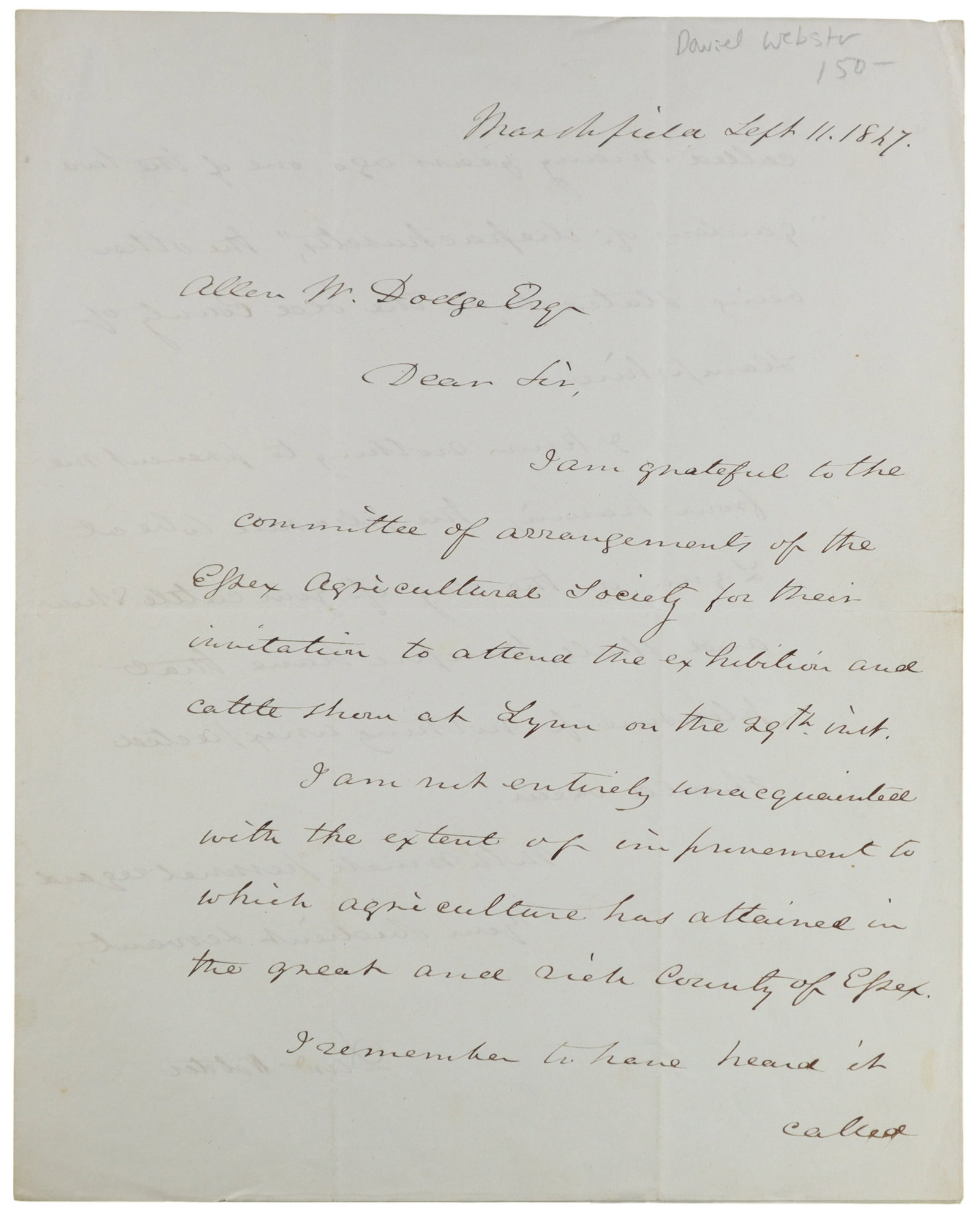 Daniel Webster Autograph Letter Signed Marshfield, September 11, 1847, to Allen W. Dodge (1 of 2)