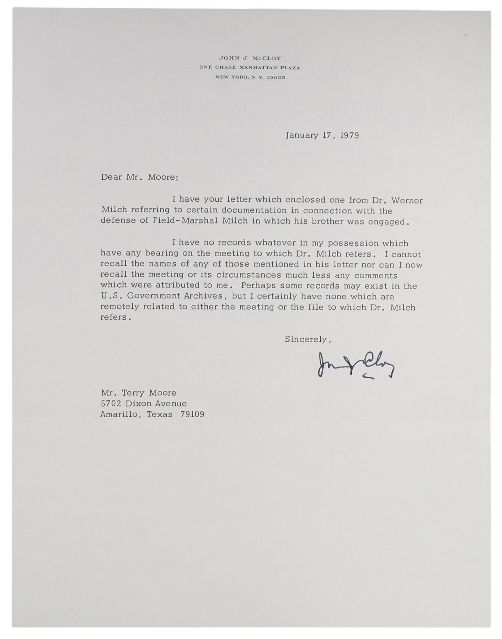John J. McCloy TLS on Chase Manhattan Letterhead, January 17, 1979 Nuremberg and Field Marshal: Milch. John McCloy was a notably influential private citizens in twentieth century American life, Assistant Secretary of War, president of the World Bank, High Commissioner for Germany, chairman of th